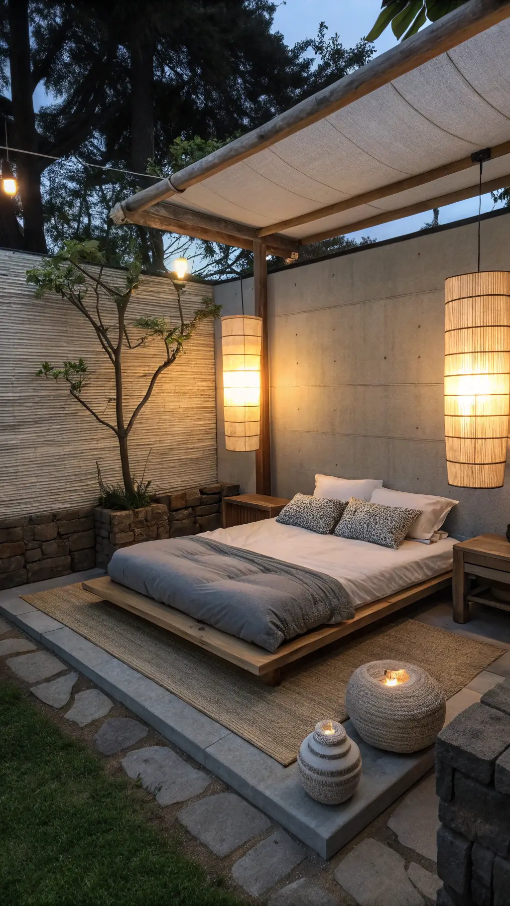 Zen bedroom at twilight with warm paper floor lamps, platform bed with dove gray linens, ceramic decor on wooden bench, and roman shade filtering blue hour light.
