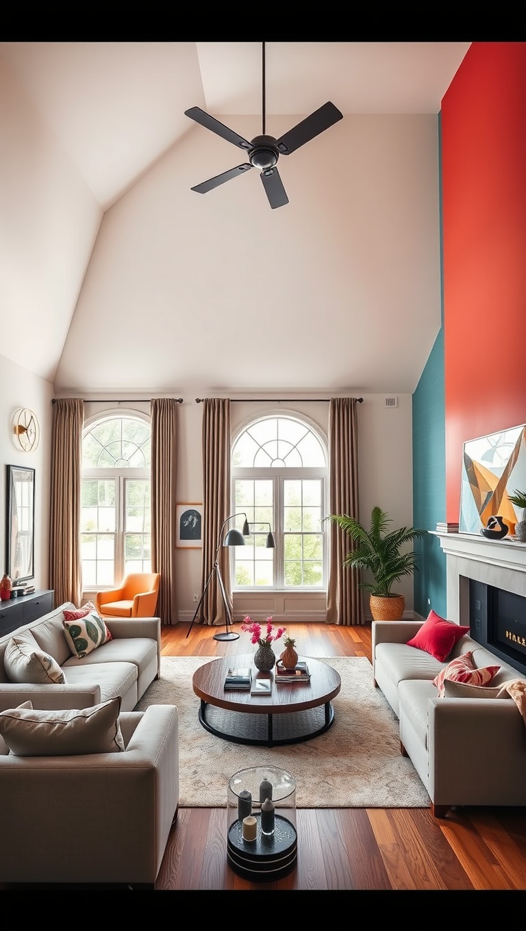 20 Stunning Ideas to Elevate Your High Ceiling Living Room - 15. Use Colorful Accent Walls for Fun