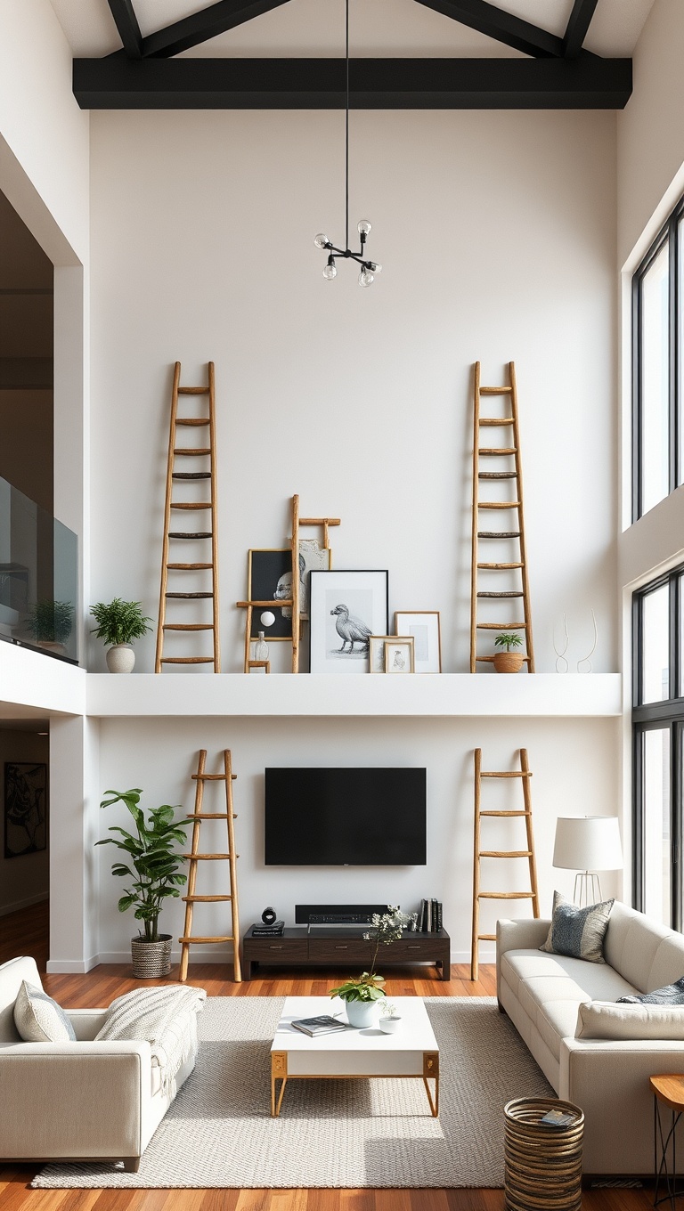 20 Stunning Ideas to Elevate Your High Ceiling Living Room - 19. Use Decorative Ladders for Display