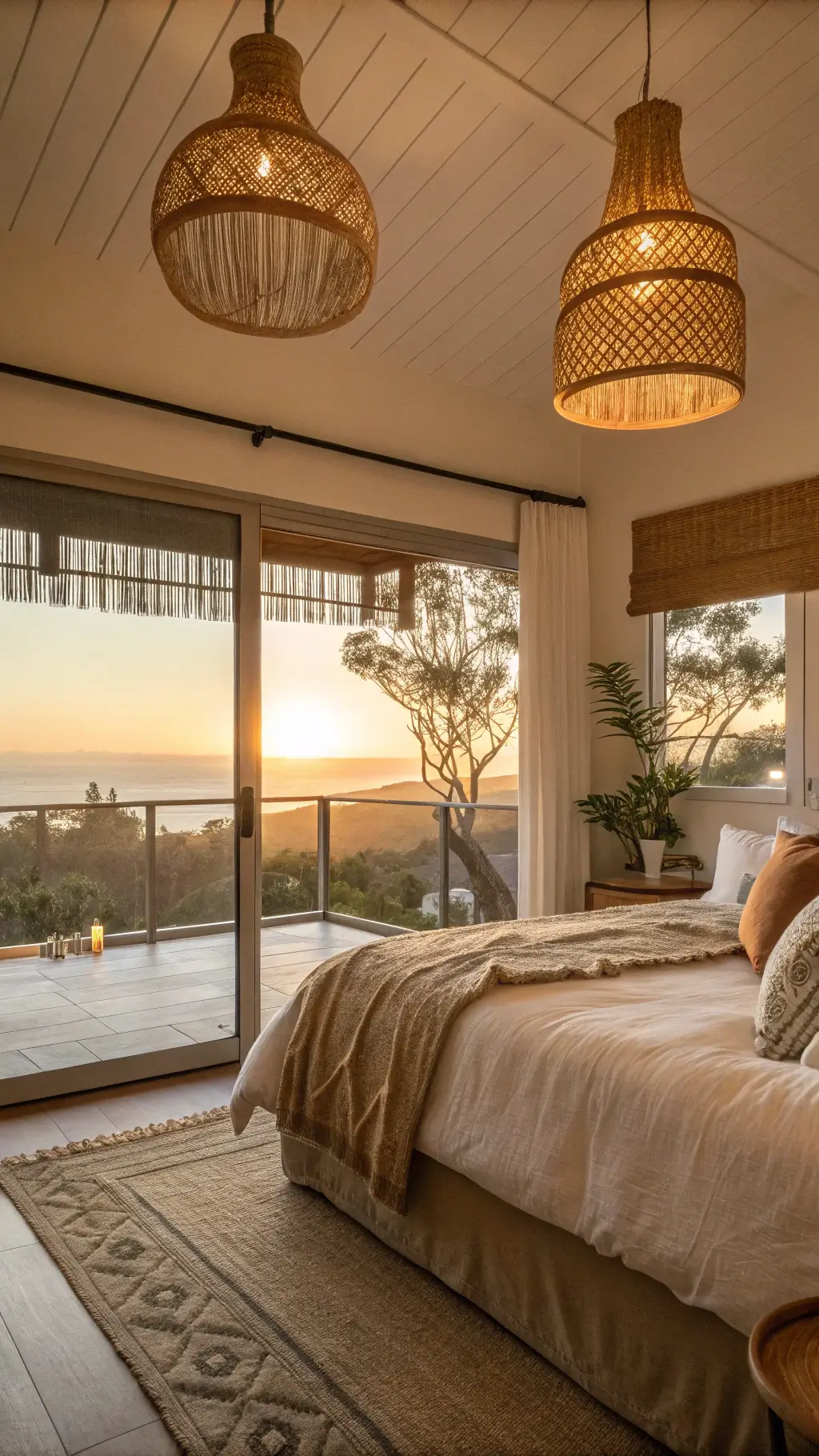 Sunlit 13x15ft bedroom with sliding doors to balcony, low-profile bed in natural linen, earth-toned bedding, ceramic pendant lights, and woven bamboo blinds in sand and clay hues.