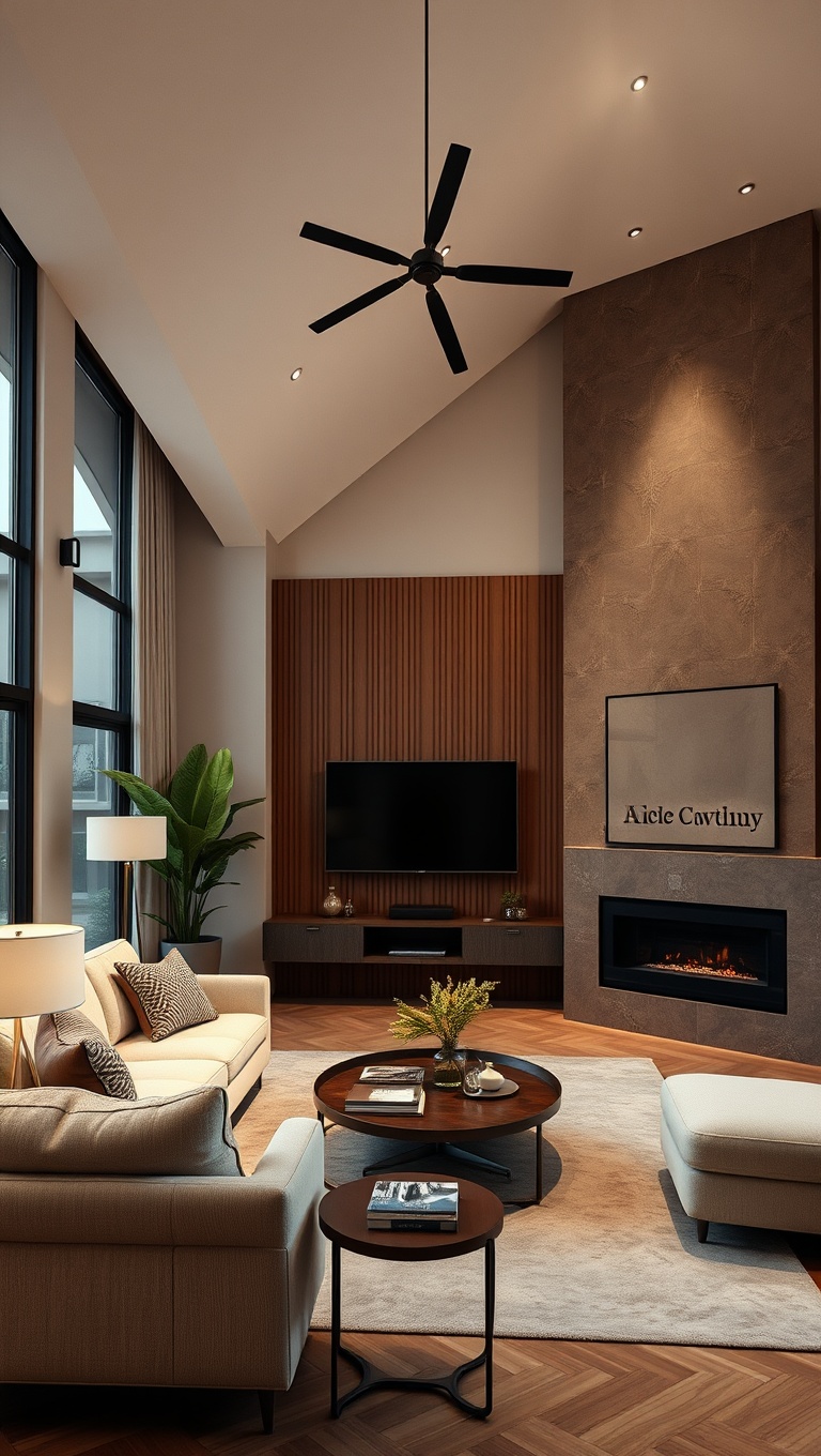 20 Stunning Ideas to Elevate Your High Ceiling Living Room - 20. Layer Different Lighting Sources for Warmth