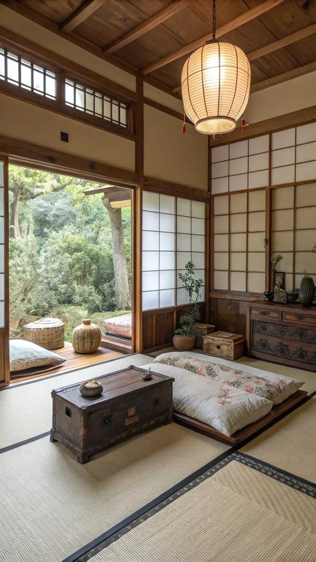 Serene 14x14ft Japanese-style bedroom with futon on tatami mat, vintage dark wood chests, ikebana flower arrangement in pottery, rice paper screens, and softly glowing lantern.