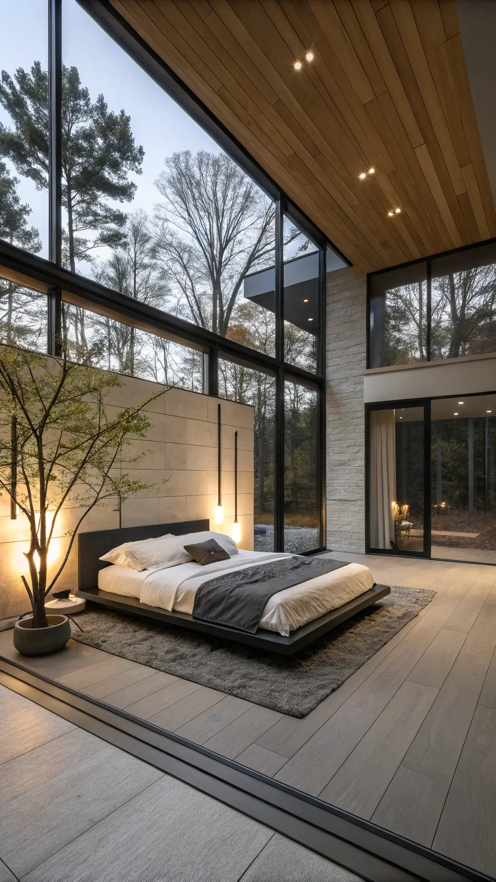 Contemporary zen retreat with floor-to-ceiling windows, floating platform bed, large ceramic floor vase, and concealed LED lighting, viewed from doorway.