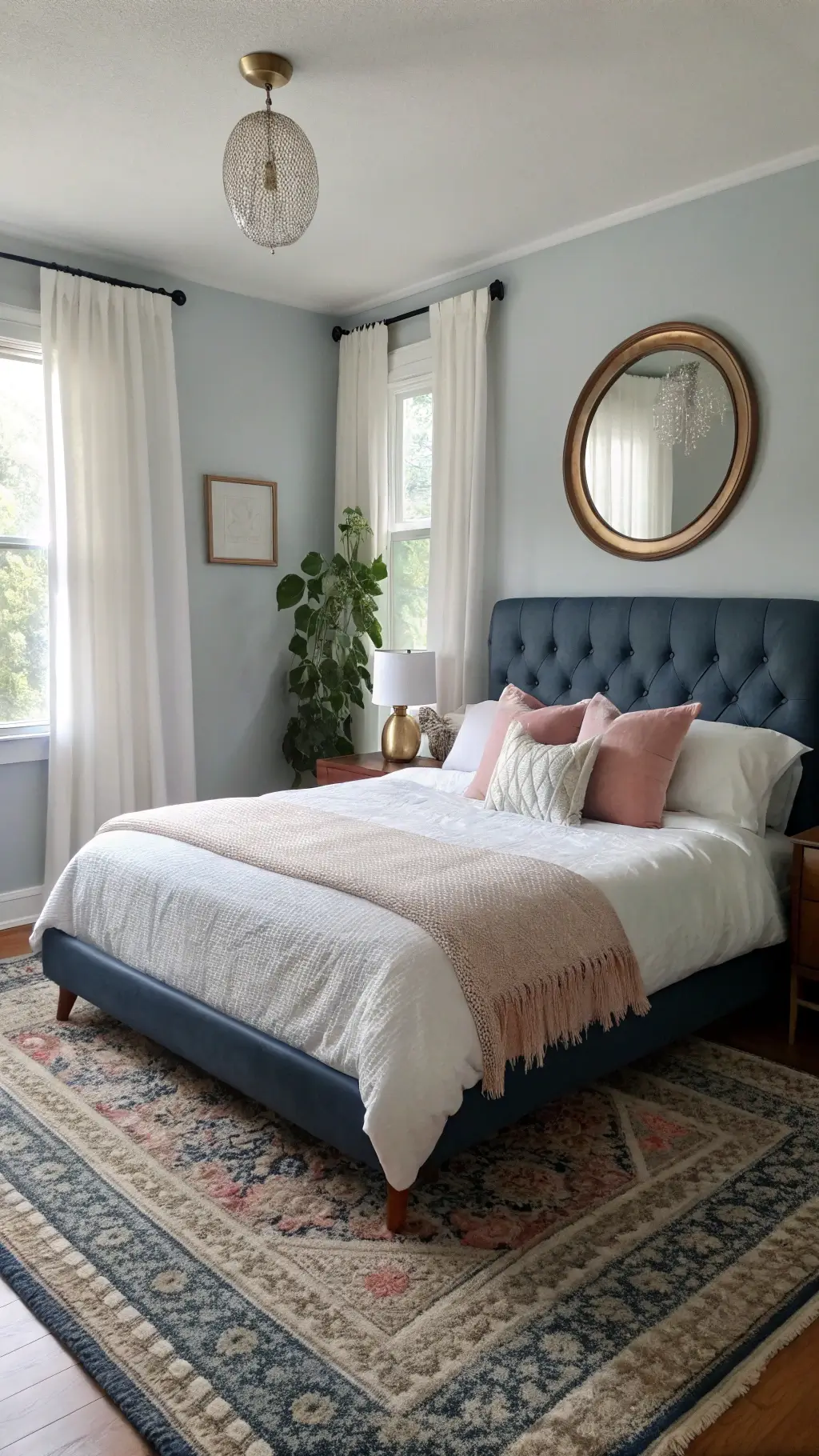 spacious 12x14ft bedroom with slate blue walls, white sheer curtains, queen bed with navy leather headboard and blush pink pillows, brass mirror wall sconces, vintage persian runner over a jute rug, potted fiddle leaf fig in natural morning light
