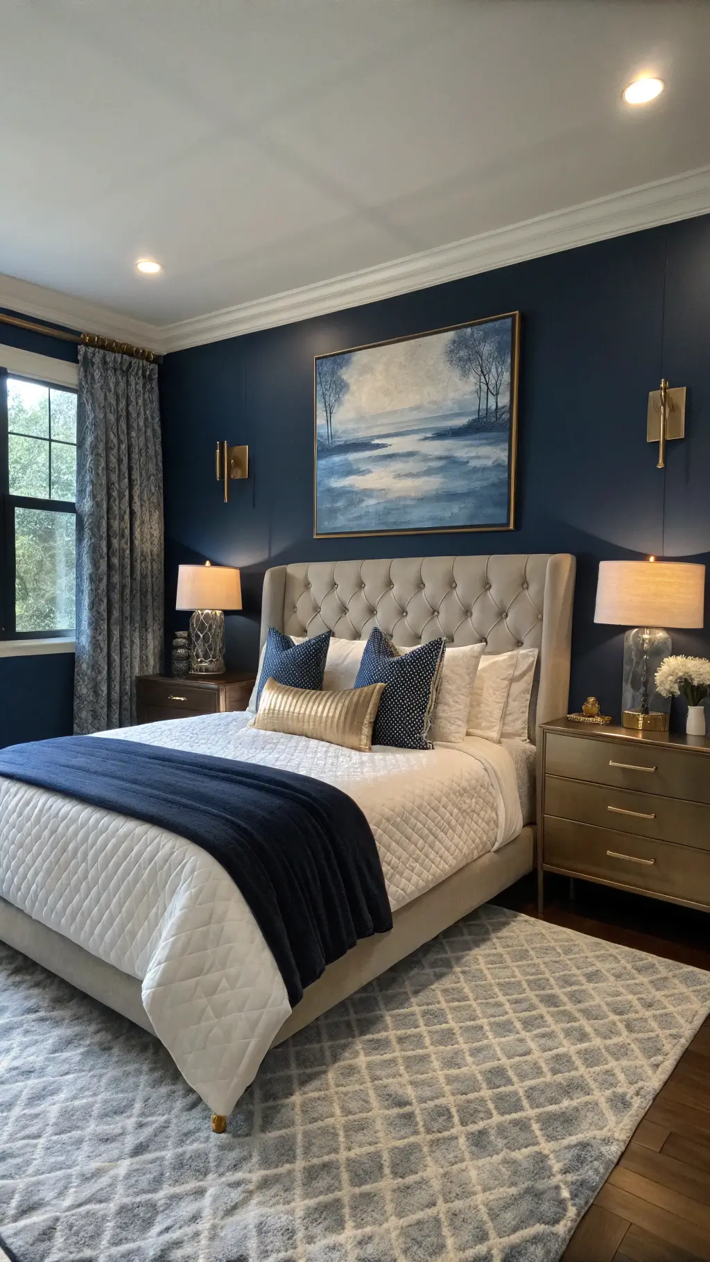 twilight view of spacious 15x18ft primary bedroom featuring deep midnight blue walls, california king bed with champagne silk headboard, white linen bedding navy coverlet, gold accents, abstract canvas art, lucite nightstands, and warm dramatic lighting