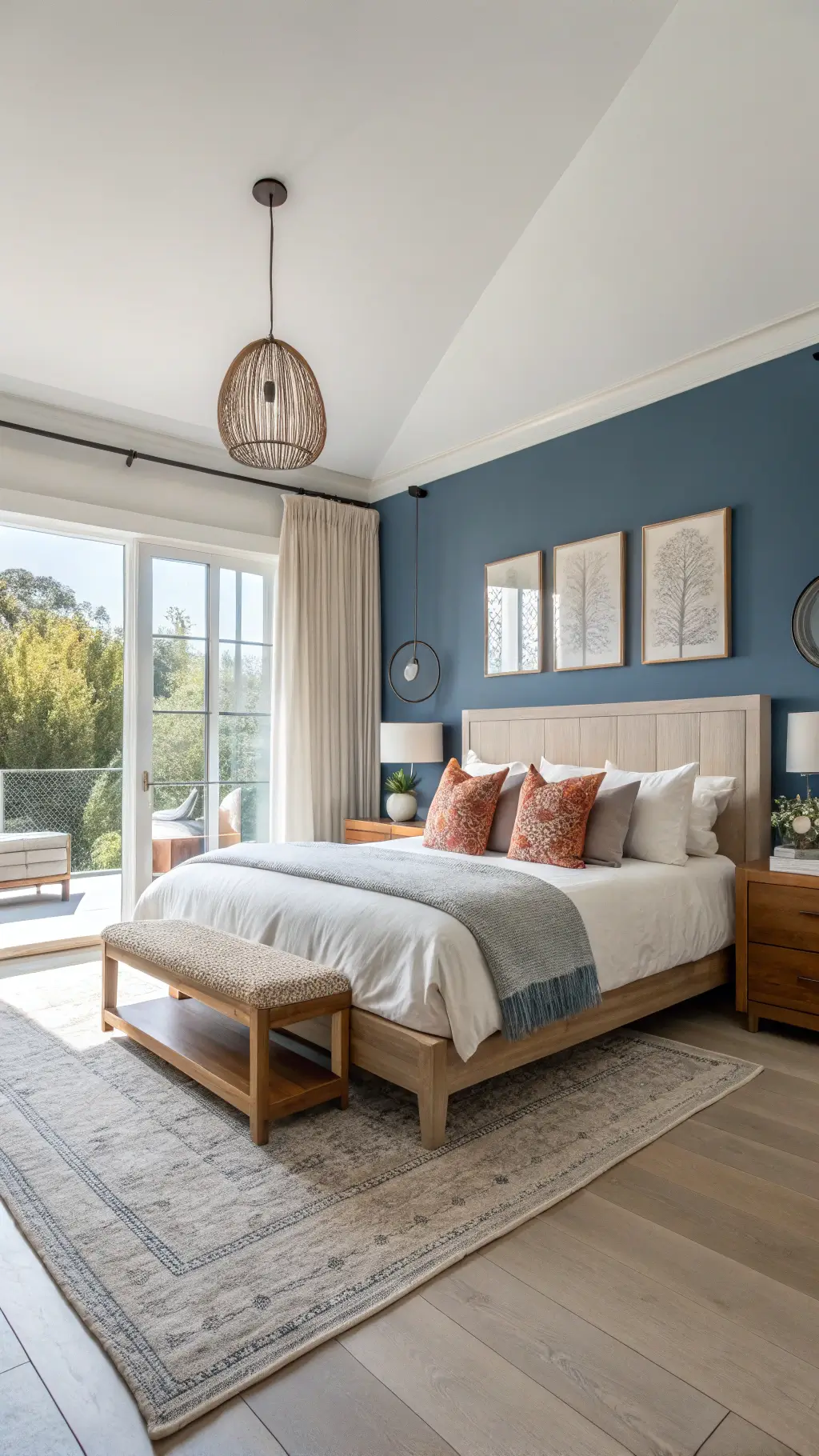 sun-drenched bedroom with royal blue accent wall, modern light oak platform bed floating nightstands, white and gray bedding rust blush pillows, floor-length mirrors, mongolian wool bench, oversized ceramic table lamps, flooring vintage rugs in a bright, airy atmosphere