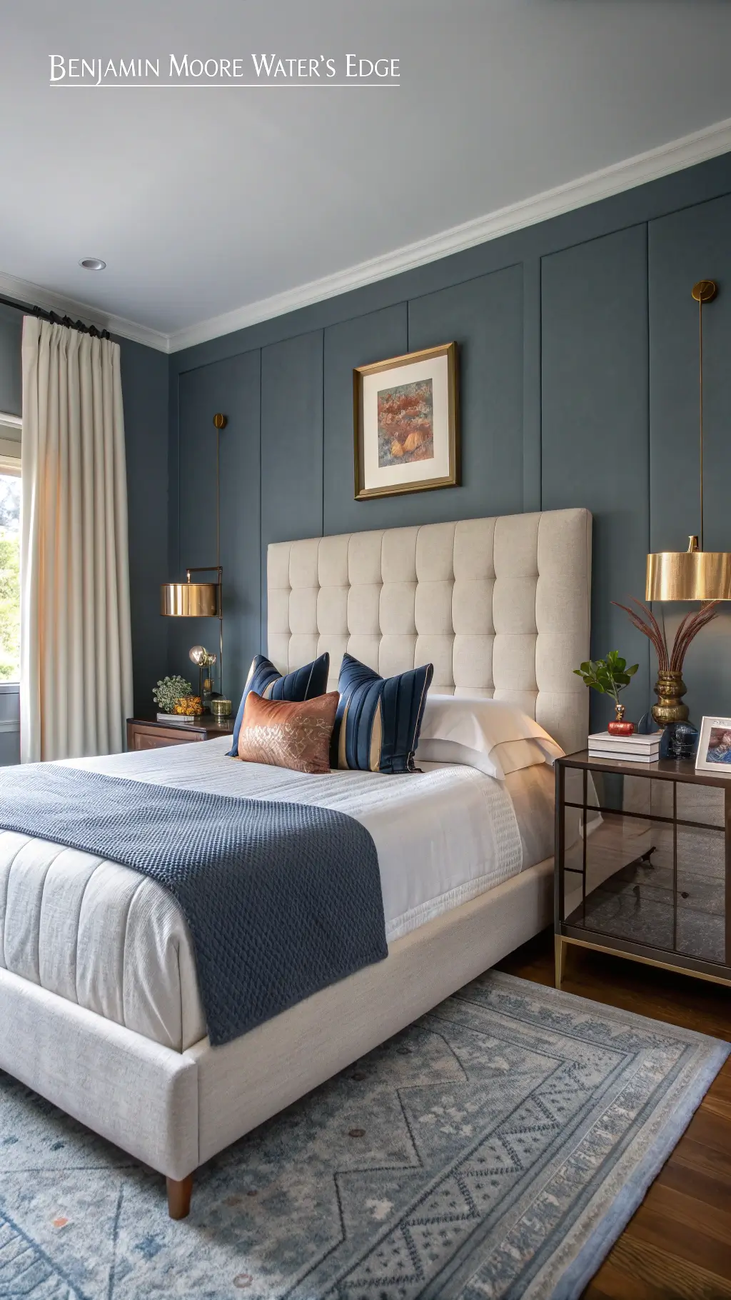 modern 16x14ft bedroom with slate blue-gray walls, cream upholstered bed, white linen bedding steel blue velvet, and copper accents, ceramic table lamps, a mixed metal abstract wall sculpture, area rug, brass floor mirror in afternoon light