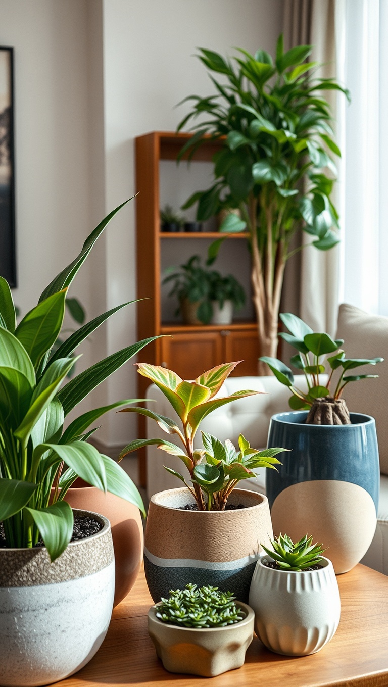20 Lush Ideas to Bring Your Living Room to Life with Plants - 3. Mix and Match Planters for a Unique Look