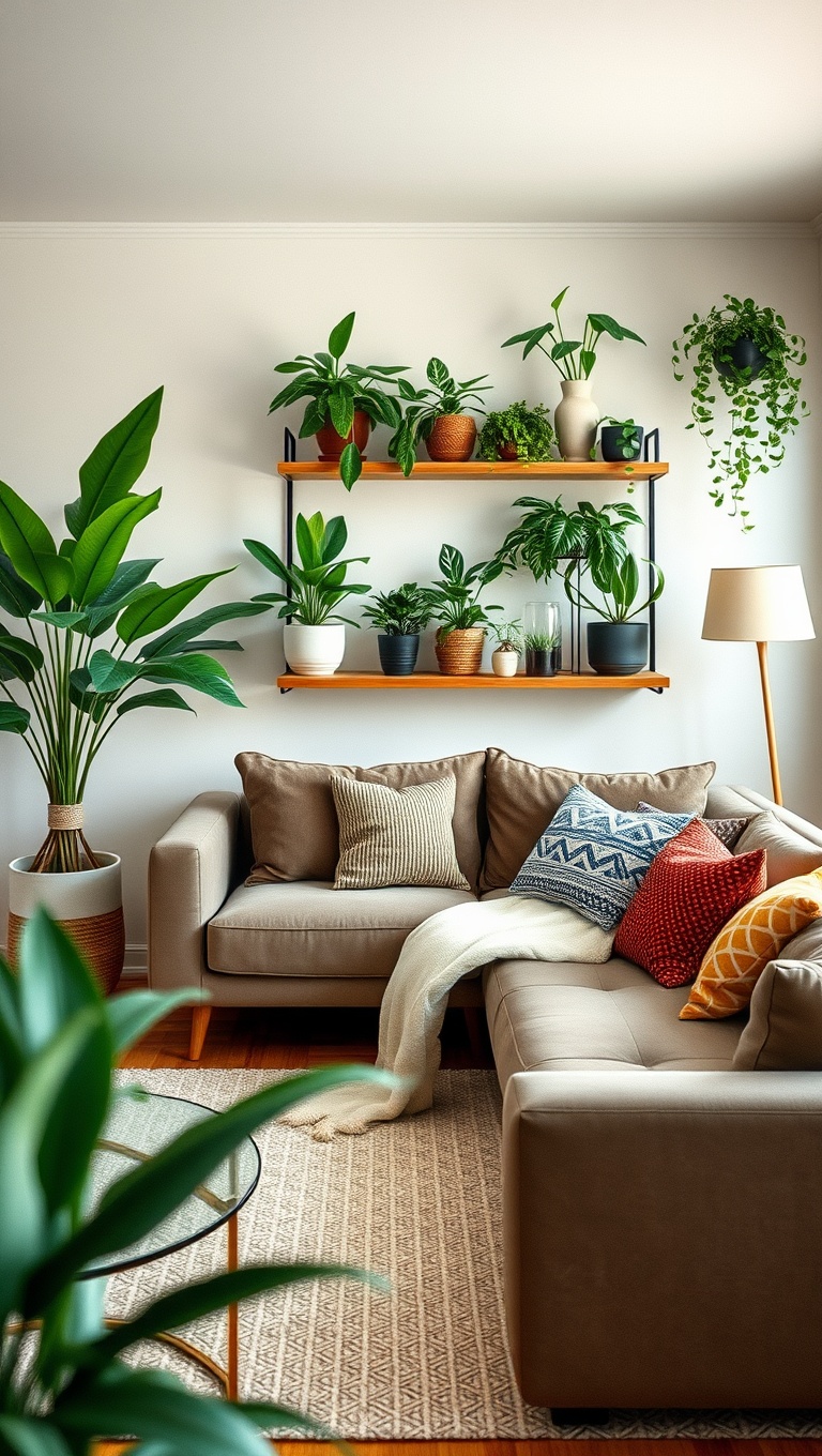 20 Lush Ideas to Bring Your Living Room to Life with Plants - 11. Add a Plant Shelfie Above the Couch