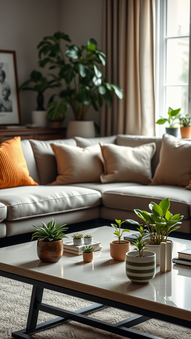 20 Lush Ideas to Bring Your Living Room to Life with Plants - 9. Style a Coffee Table with Small Plants