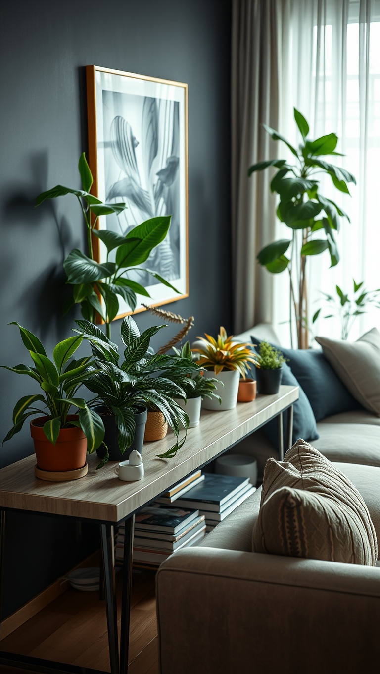 20 Lush Ideas to Bring Your Living Room to Life with Plants - 14. Layer Plants on a Console Table