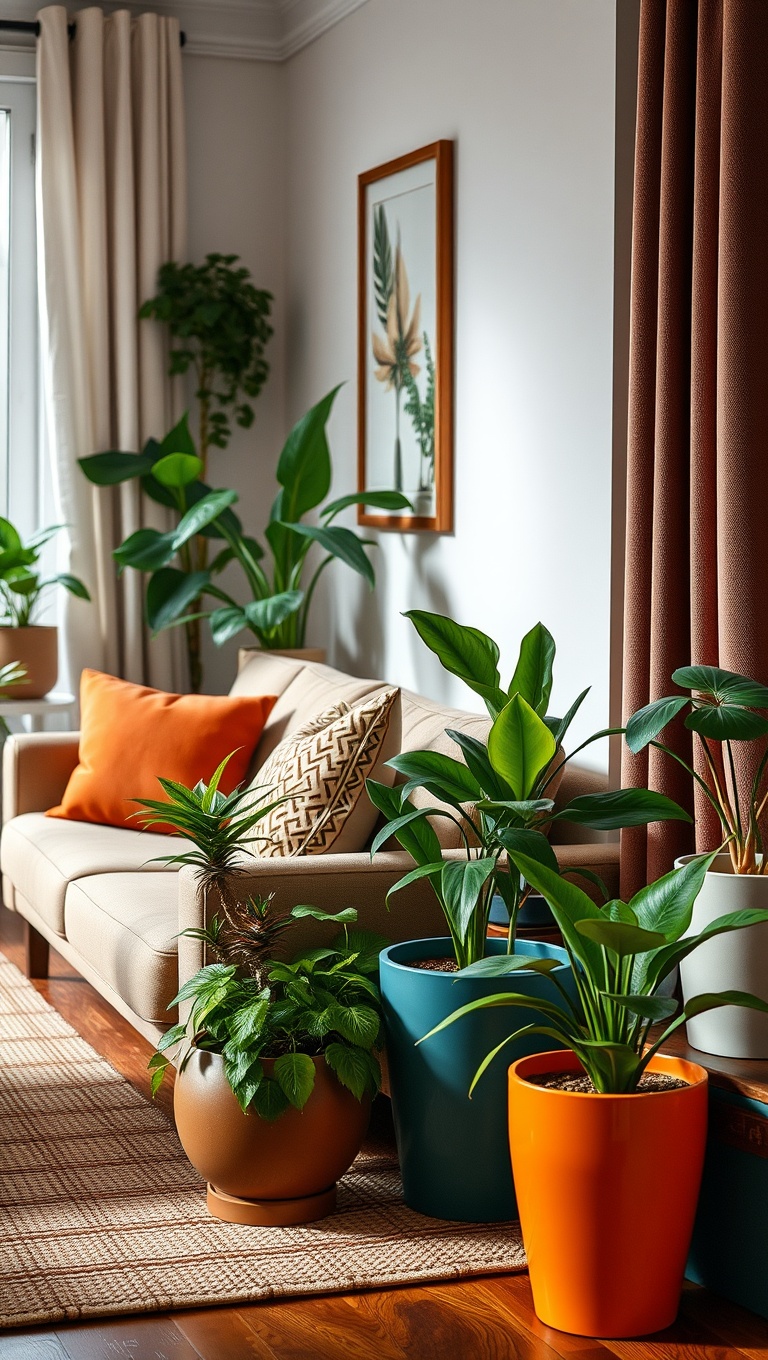 20 Lush Ideas to Bring Your Living Room to Life with Plants - 16. Choose Colorful Planters for a Fun Pop