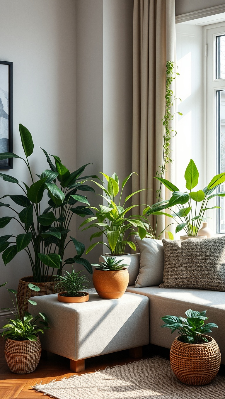 20 Lush Ideas to Bring Your Living Room to Life with Plants - 19. Create a Seasonal Plant Display