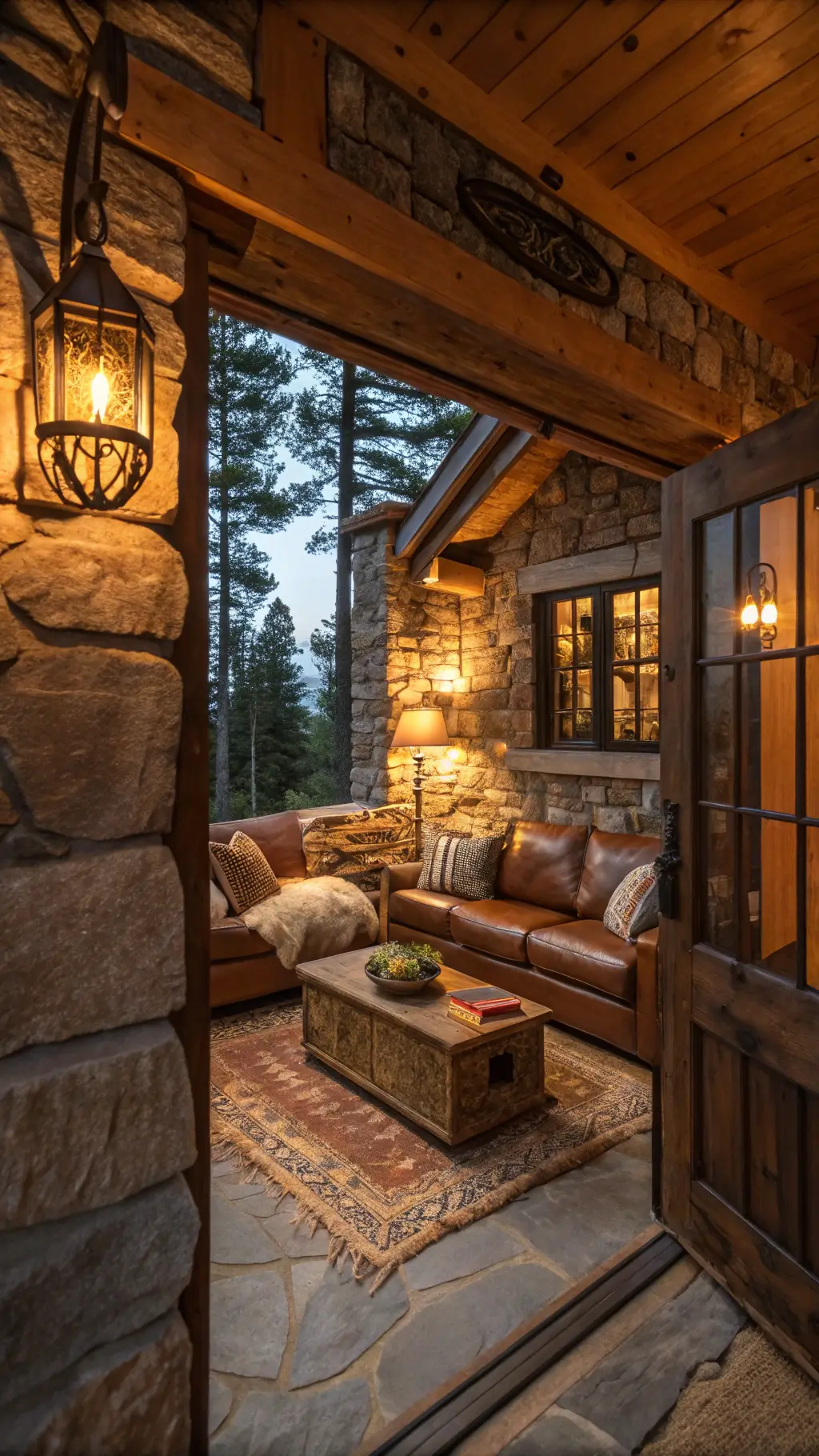 Inviting 12x14ft cabin den at dusk with warm lighting, leather sectional, pine coffee table, patterned pillows, faux fur throw, iron accents, and stone fireplace