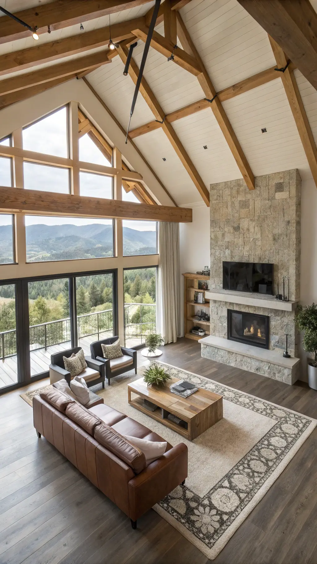 Modern rustic great room with vaulted ceiling, floor-to-ceiling windows, mountain views, contemporary furniture, and whitewashed stone fireplace