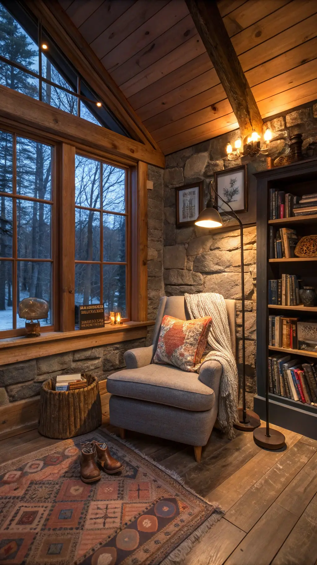 Cozy cabin interior with warm lighting, vintage decor, and inviting accents during twilight