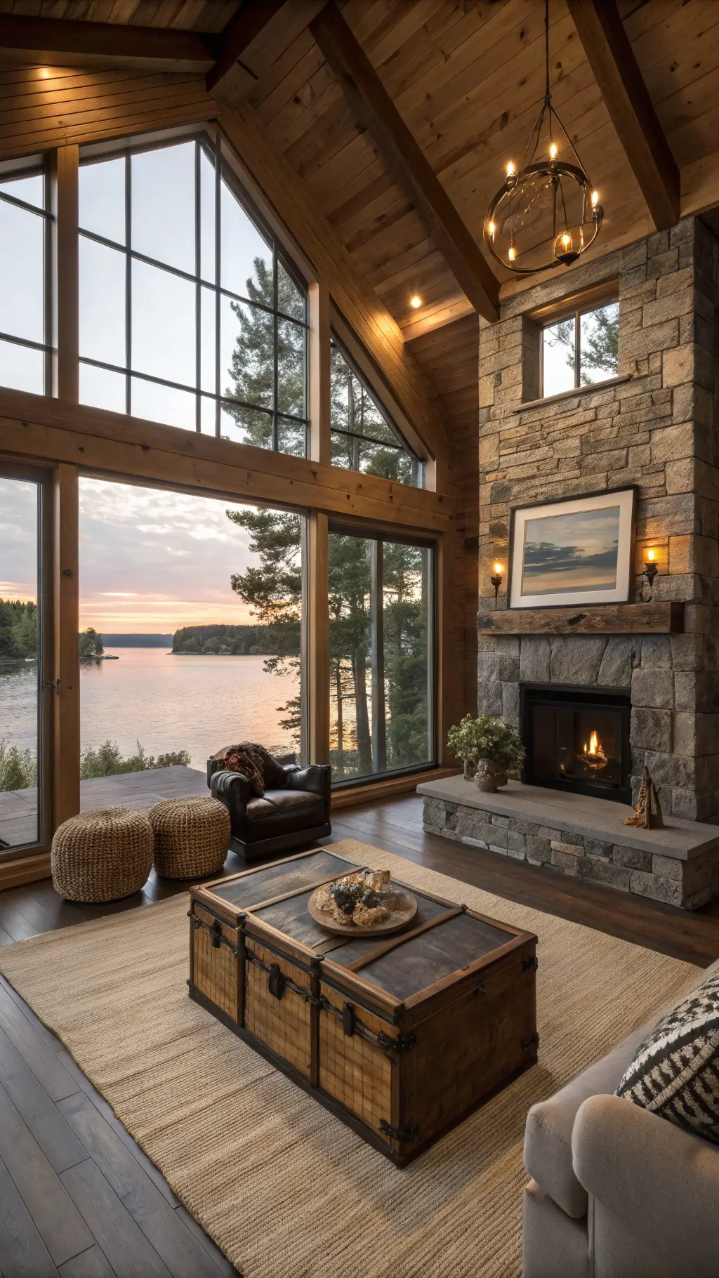Lakeside cabin interior at sunset with tall windows, dark pine rafters, grey sectional, stone fireplace, vintage trunk coffee table, leather poufs, jute rug, and gallery wall of nature photos