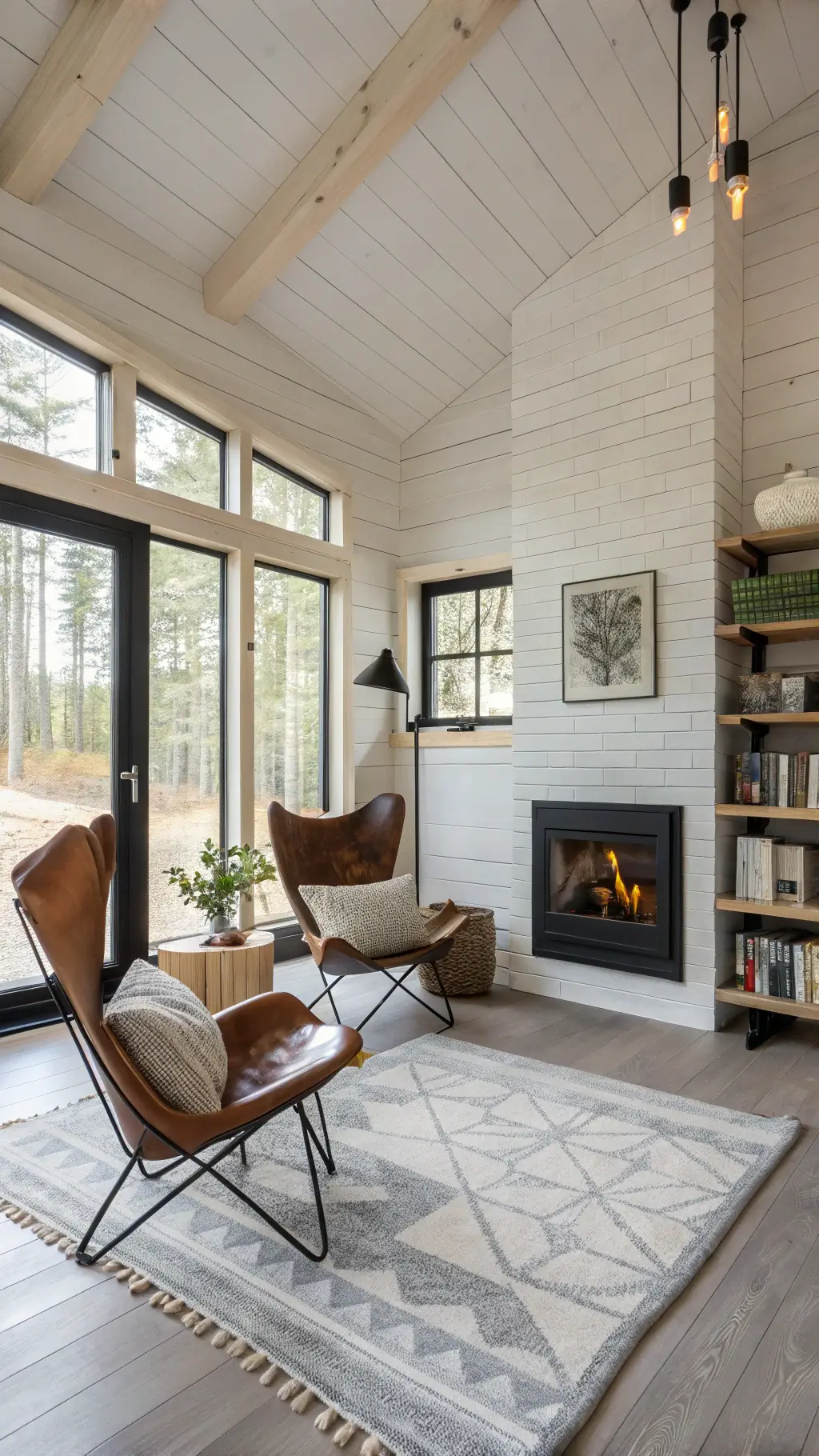 Nordic-inspired cabin lounge with whitewashed walls, black steel windows, cognac leather butterfly chairs, floating hearth, brass lighting, and oak shelves with ceramics and books