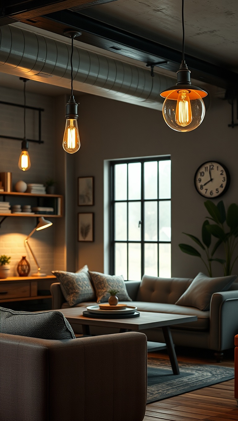 20 Trendy Ideas to Transform Your Living Room with Industrial Style - Vintage Light Fixtures: Illuminate with Character