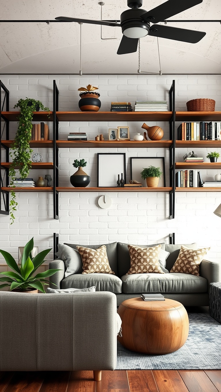 20 Trendy Ideas to Transform Your Living Room with Industrial Style - Industrial Shelving: Show Off Your Style