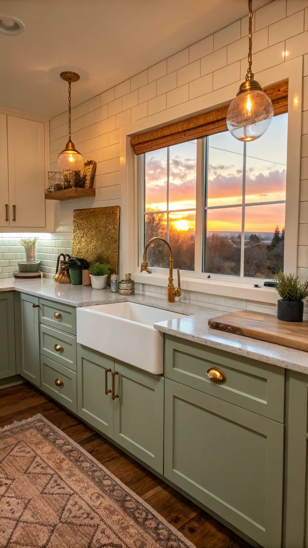 modern kitchen with sage green lower cabinets, white upper units, brass fixtures, stainless steel sink, wooden cutting board, copper colander, stone backsplash, and warm lighting