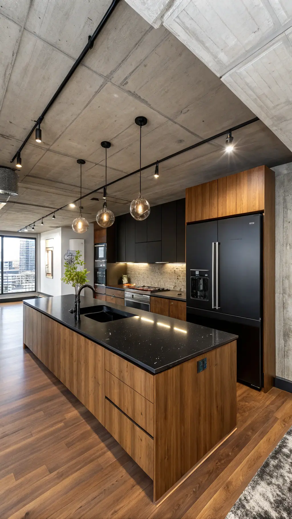 industrial chic kitchen with dark granite countertops, walnut veneer cabinets, black glass smart fridge, and geometric pendant lighting against exposed concrete ceiling
