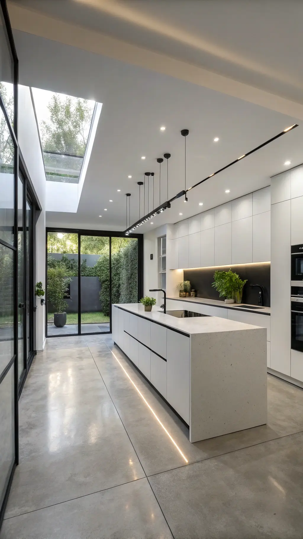 minimalist monochrome kitchen with black accents, integrated herb garden on island, illuminated cabinets, and polished concrete flooring