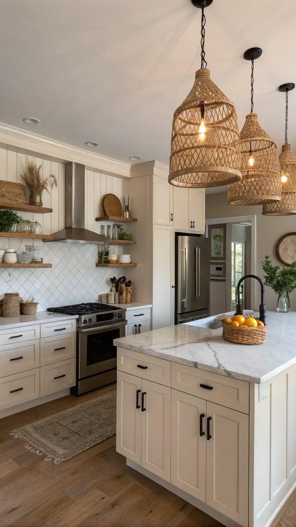 vintage-modern fusion kitchen with cream shaker cabinets, smart appliances, marble island, rattan pendant lights, artisanal ceramics on oak shelves, and Edison bulbs
