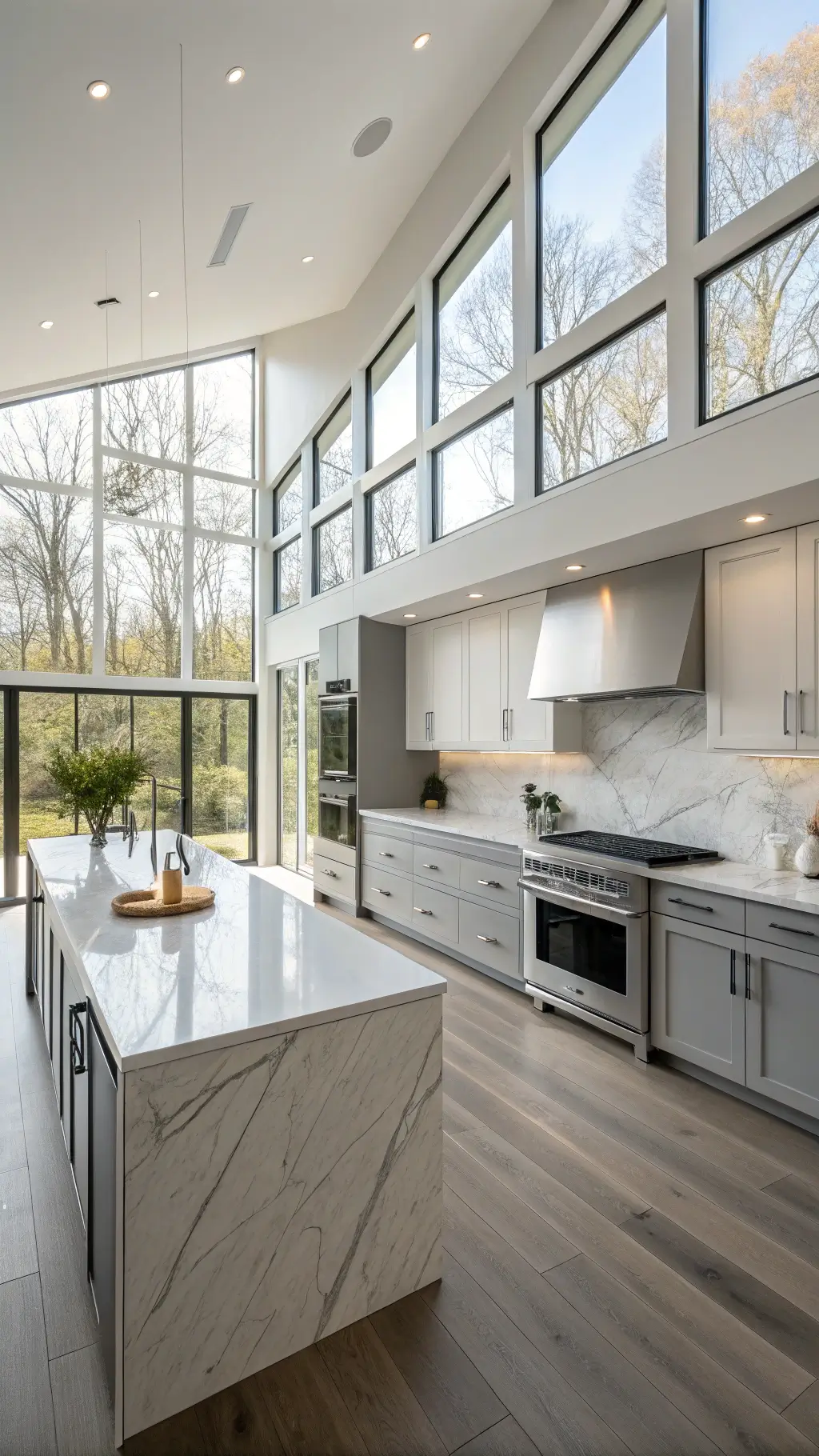 bright kitchen with dove gray handleless cabinets, white uppers, anthracite smart ovens, quartzite waterfall island with hidden charging ports, and modern track lighting