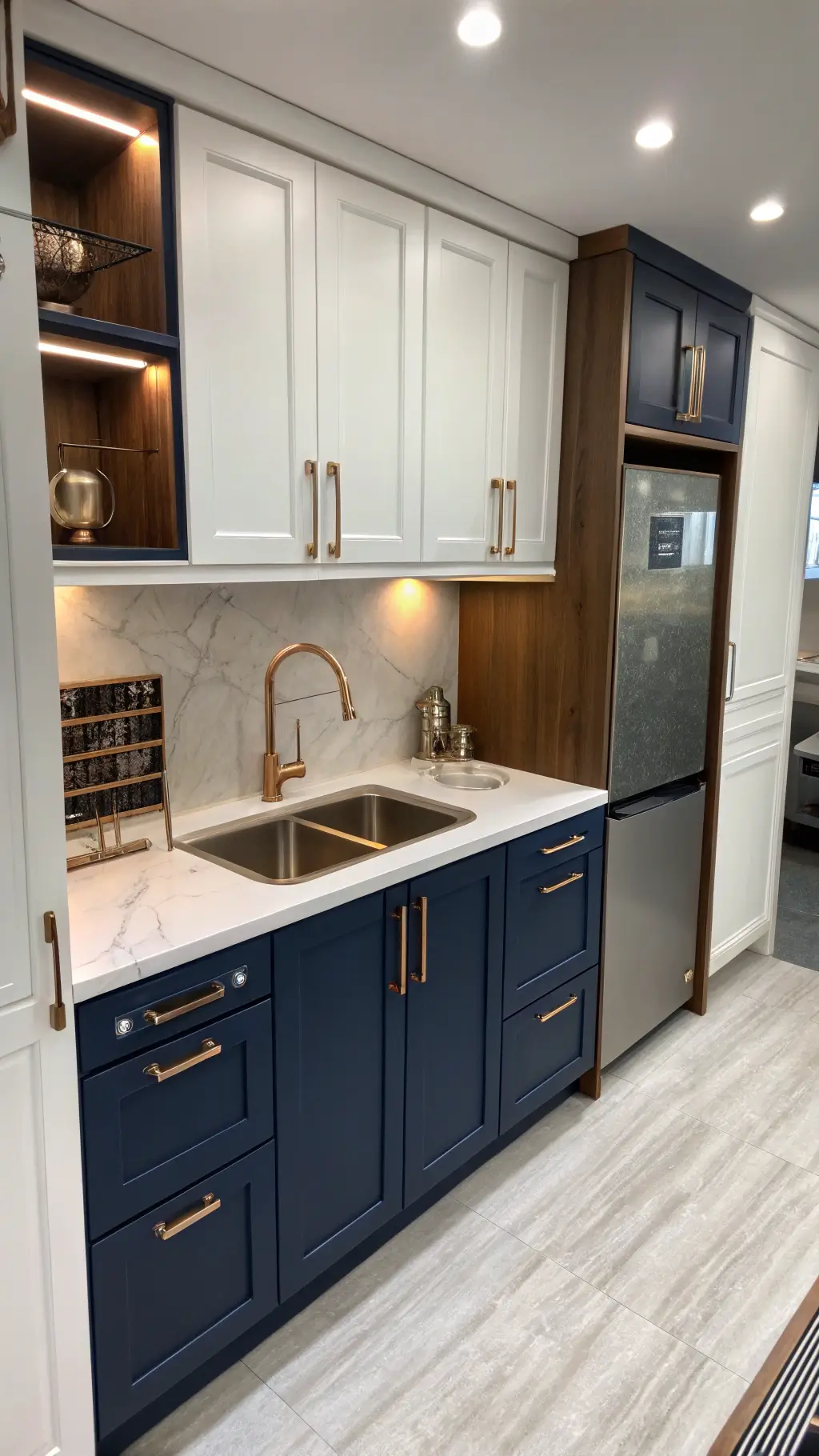 compact kitchen with navy and white two-tone cabinets, smart storage, copper accents, multifunctional sink in champagne bronze, and task-focused lighting
