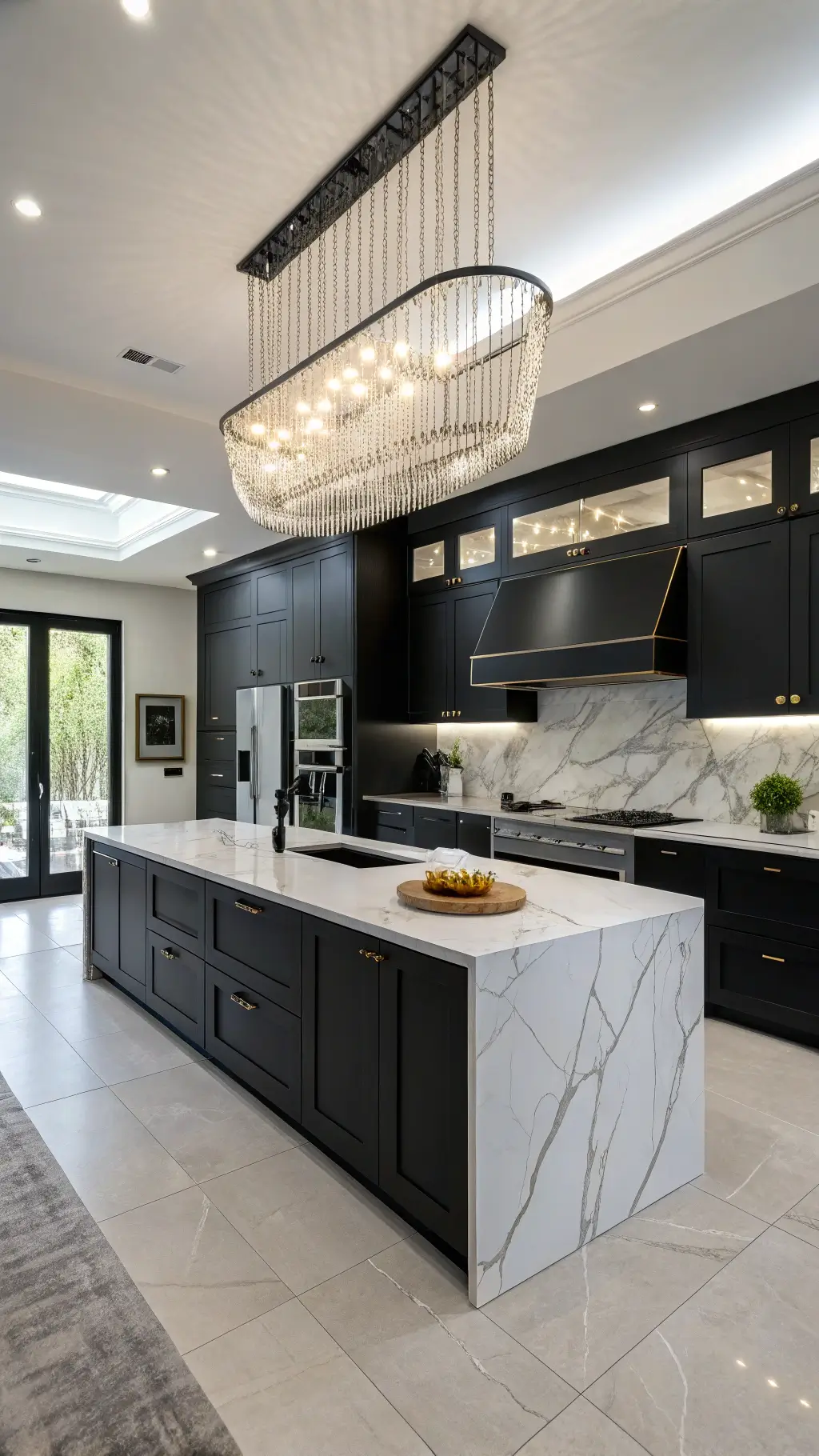 modern kitchen with matte black cabinetry, white marble backsplash, smart appliances, large island with tech integration, and chandelier viewed from above