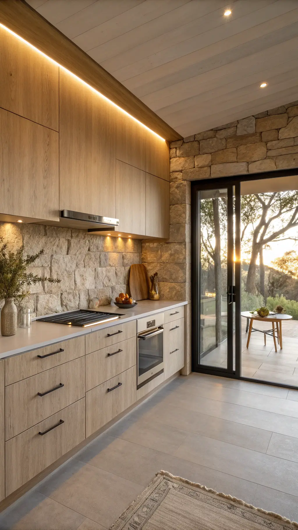 zen-inspired kitchen with pale oak cabinets, metallic smart appliances, textured stone backsplash, and golden hour light through sliding glass doors