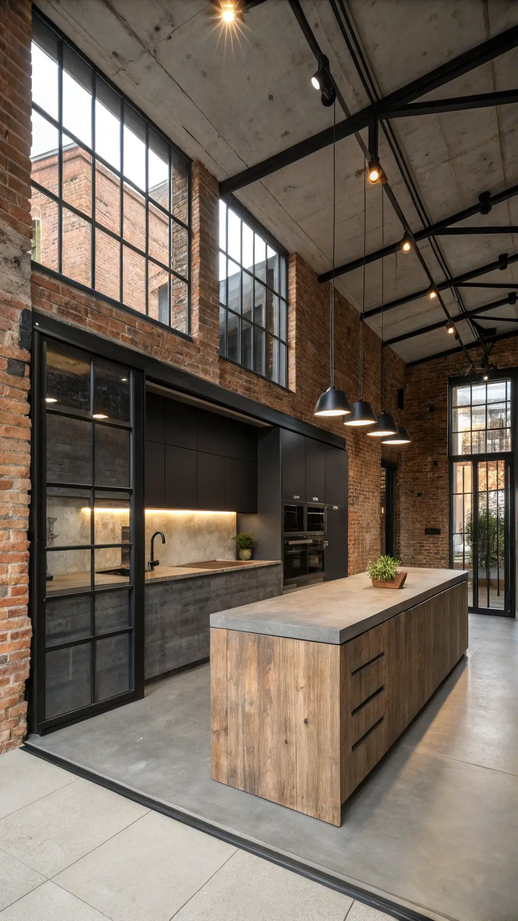 industrial urban kitchen with exposed brick wall, sleek cabinetry, black steel-framed windows, and concrete reclaimed wood island illuminated by spotlights