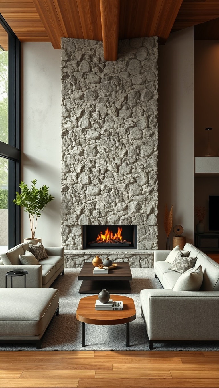 20 Inspiring Ideas for Your Organic Modern Living Room - 19. Integrate Natural Stone Fireplaces