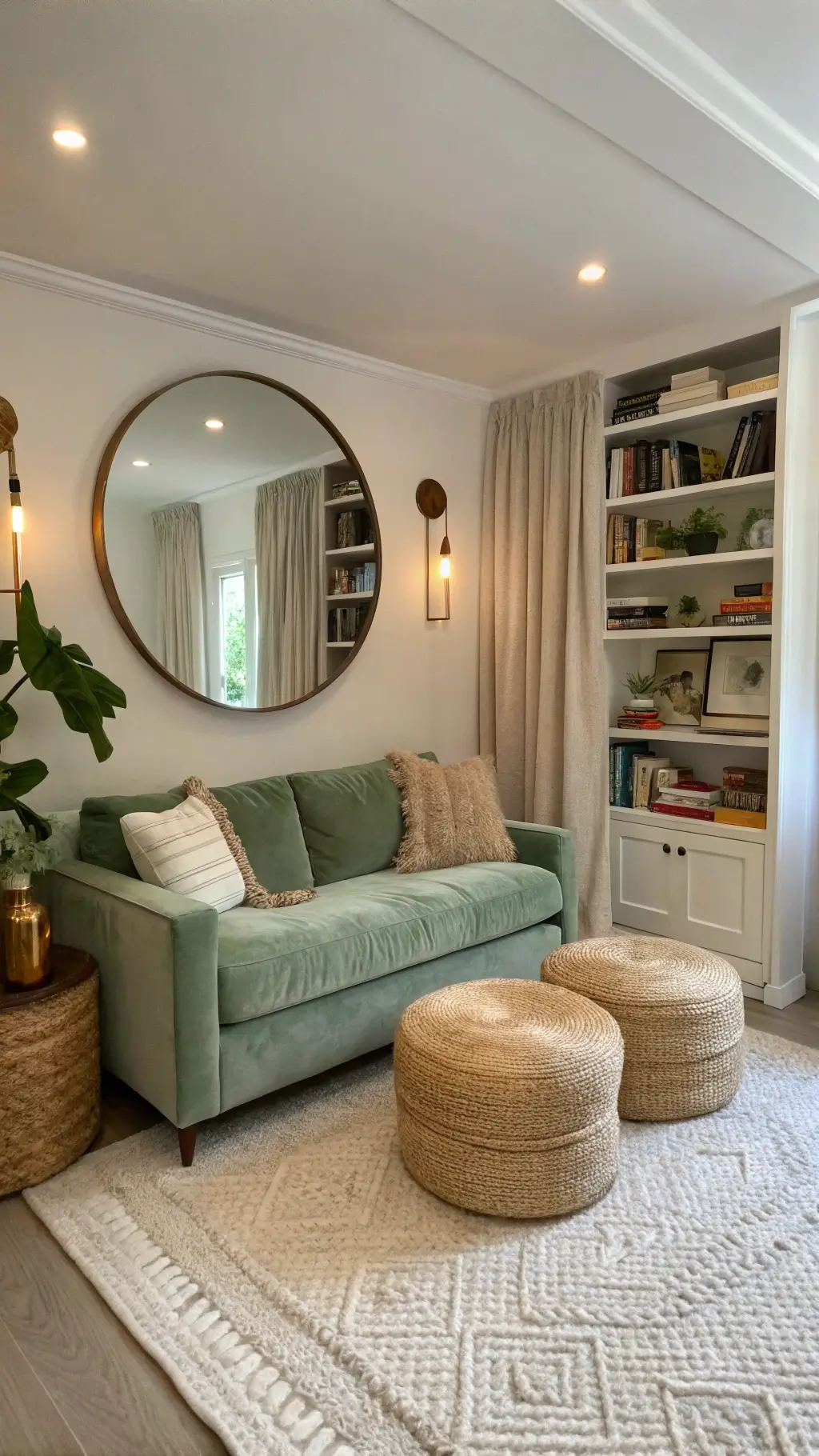 Inviting 10x12' living room featuring a sage green velvet loveseat, a large round mirror amplifying natural light, a tall white oak bookshelf filled with neutral decor and books, jute rug, linen curtains, chunky knit throw, leather ottomans tucked under a floating console, and wall sconces providing soft illumination.