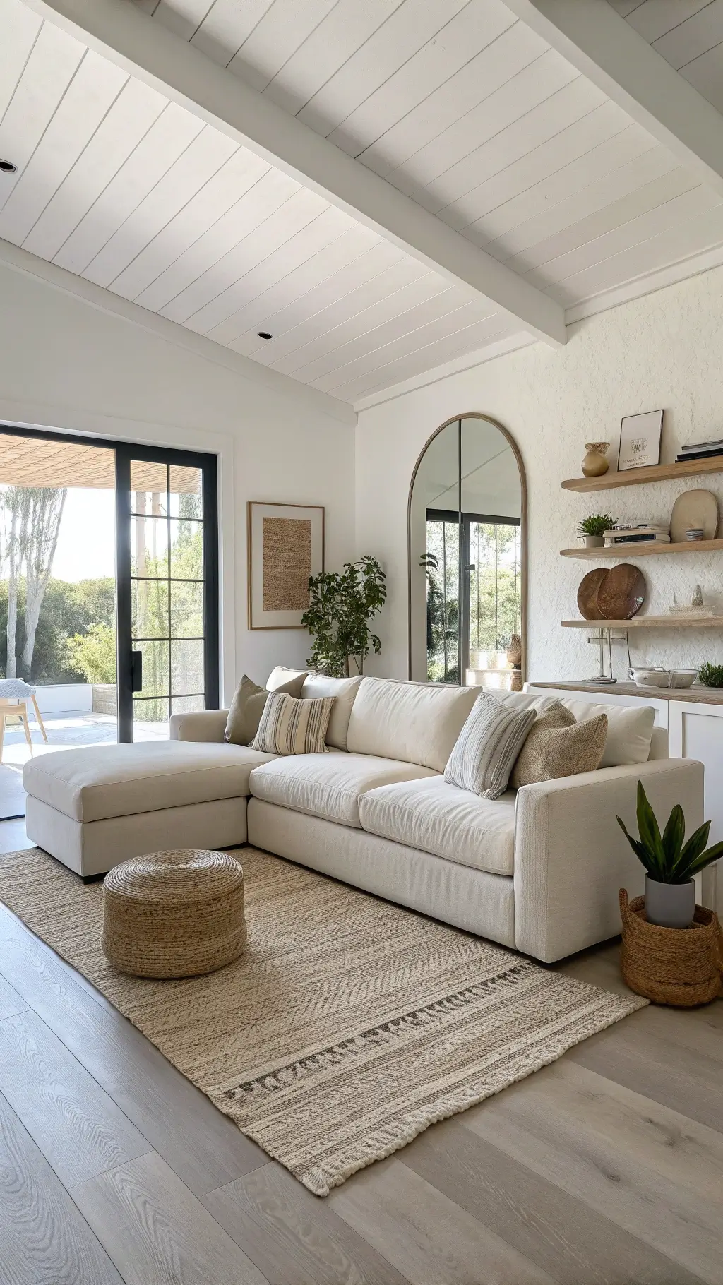 Scandinavian-inspired living room with a modular cream sectional, built-in white storage units, handwoven textiles, and ceramic accents, viewed from the entrance under bright midday light.