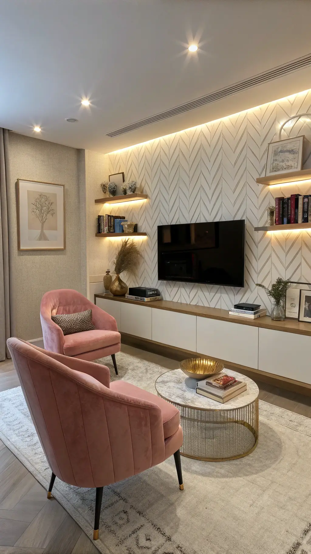 Cozy living room at dusk with blush pink velvet armchairs, bleached oak wall-mounted media unit, LED-lit floating shelves displaying art and sculptures, brass and marble coffee table, patterned white wallpaper, and large-scale photography.