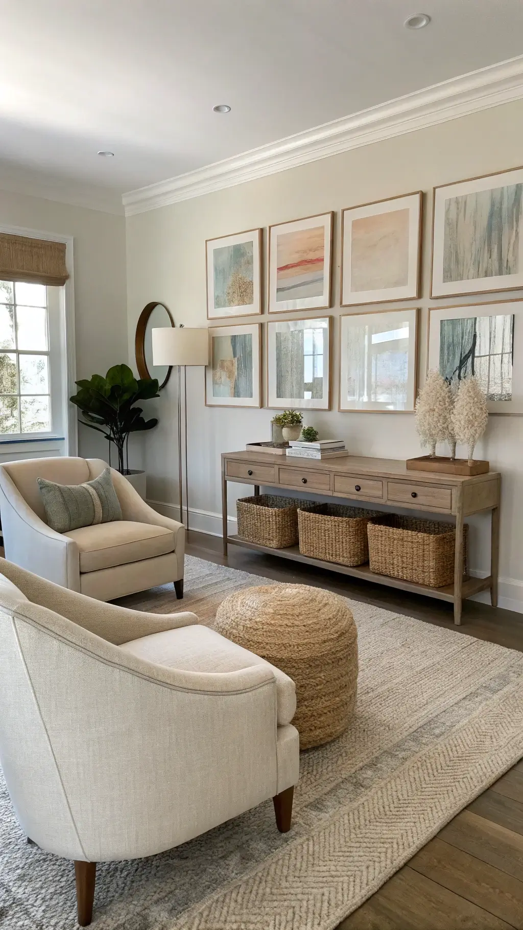 Small 8x10' living room bathed in morning light, featuring oatmeal linen armchairs, a bleached maple console, large pastel abstract painting, wall mirrors, wool rug, woven baskets, and linen Roman shades.