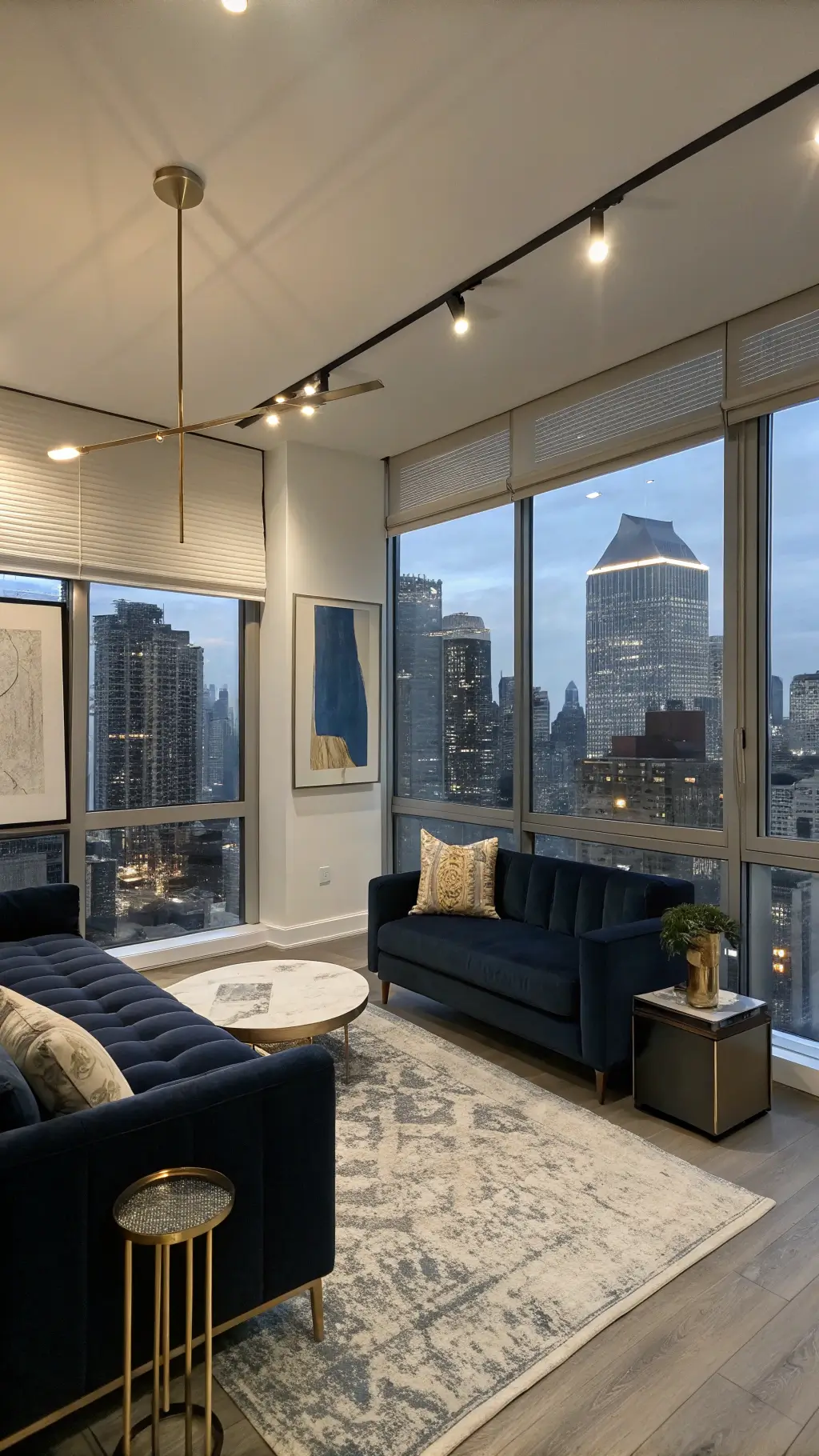 Contemporary urban living room with navy velvet sofa, marble side table, metallic accents, abstract artwork, illuminated by track lighting, city views through floor-to-ceiling windows with automated sheer blinds.