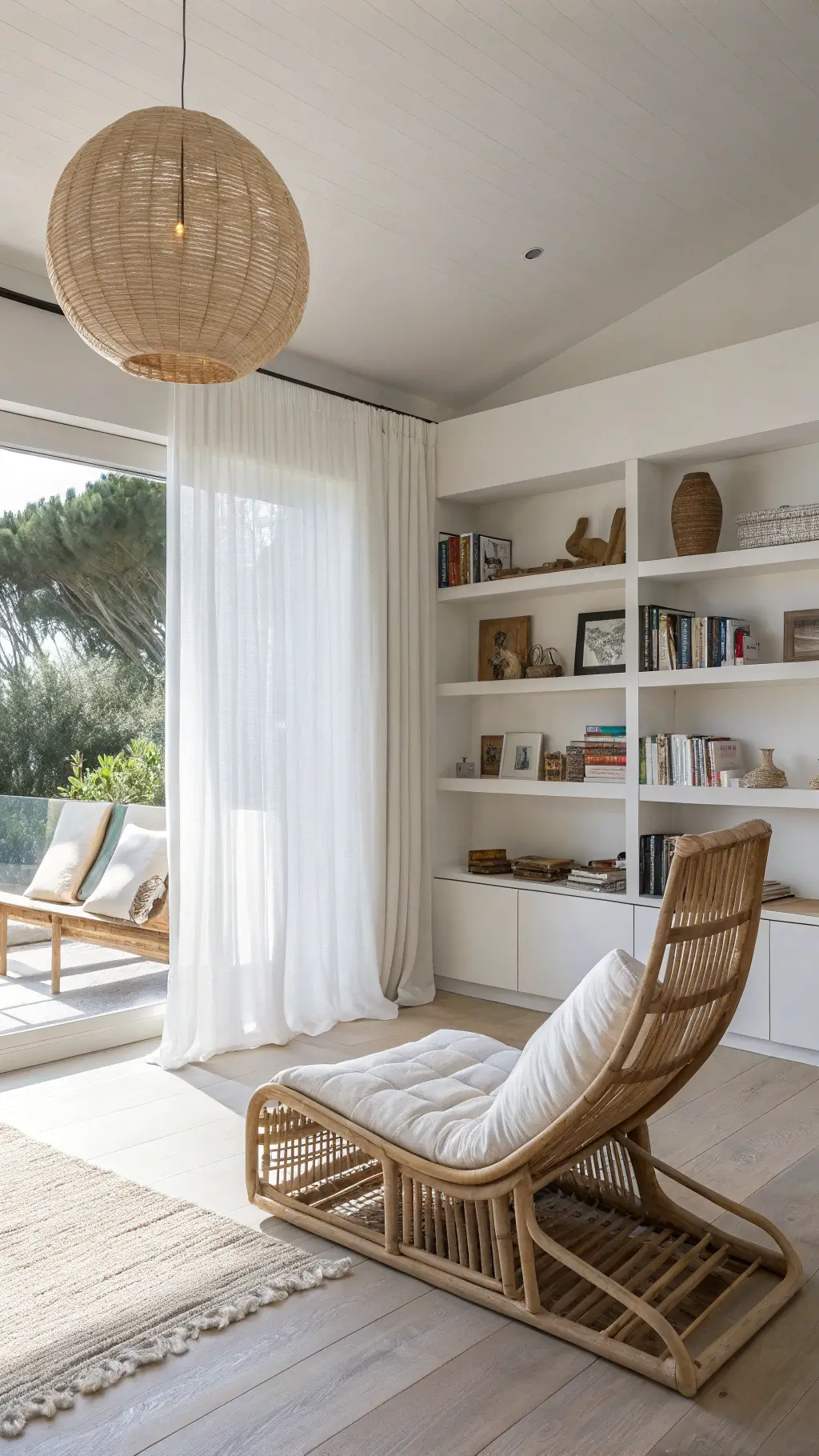 Minimalist living area with a rattan lounge chair, floating oak bench, floor-to-ceiling white shelving filled with books, sunlight-filtering curtains, and an oversized paper pendant light.