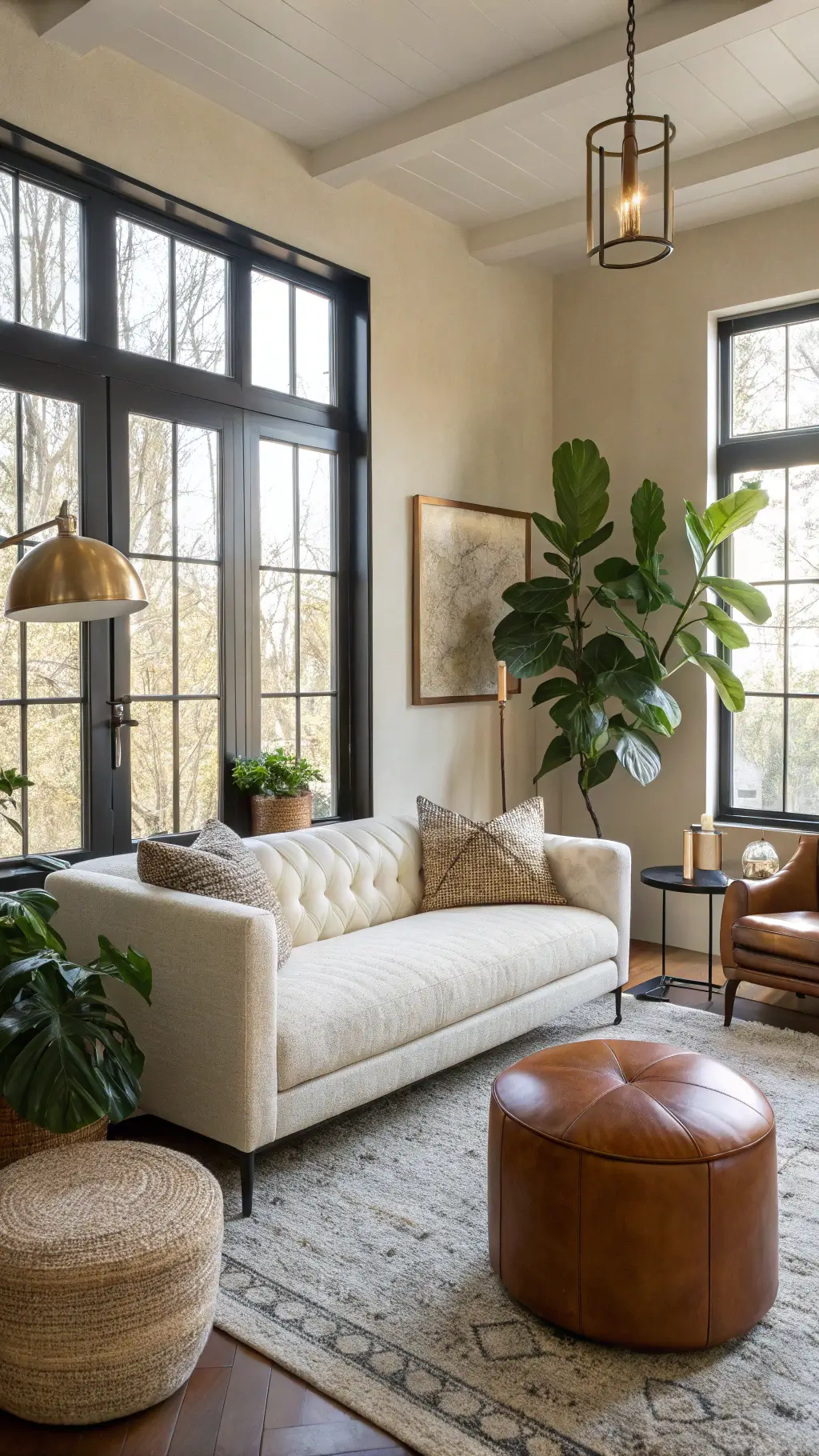 Elegant living room bathed in morning light, featuring a cream boucle tuxedo-style loveseat, vintage leather poufs, black-framed industrial windows, soft beige walls, a fiddle leaf fig plant, and mixed metal lighting fixtures in brass and blackened steel.
