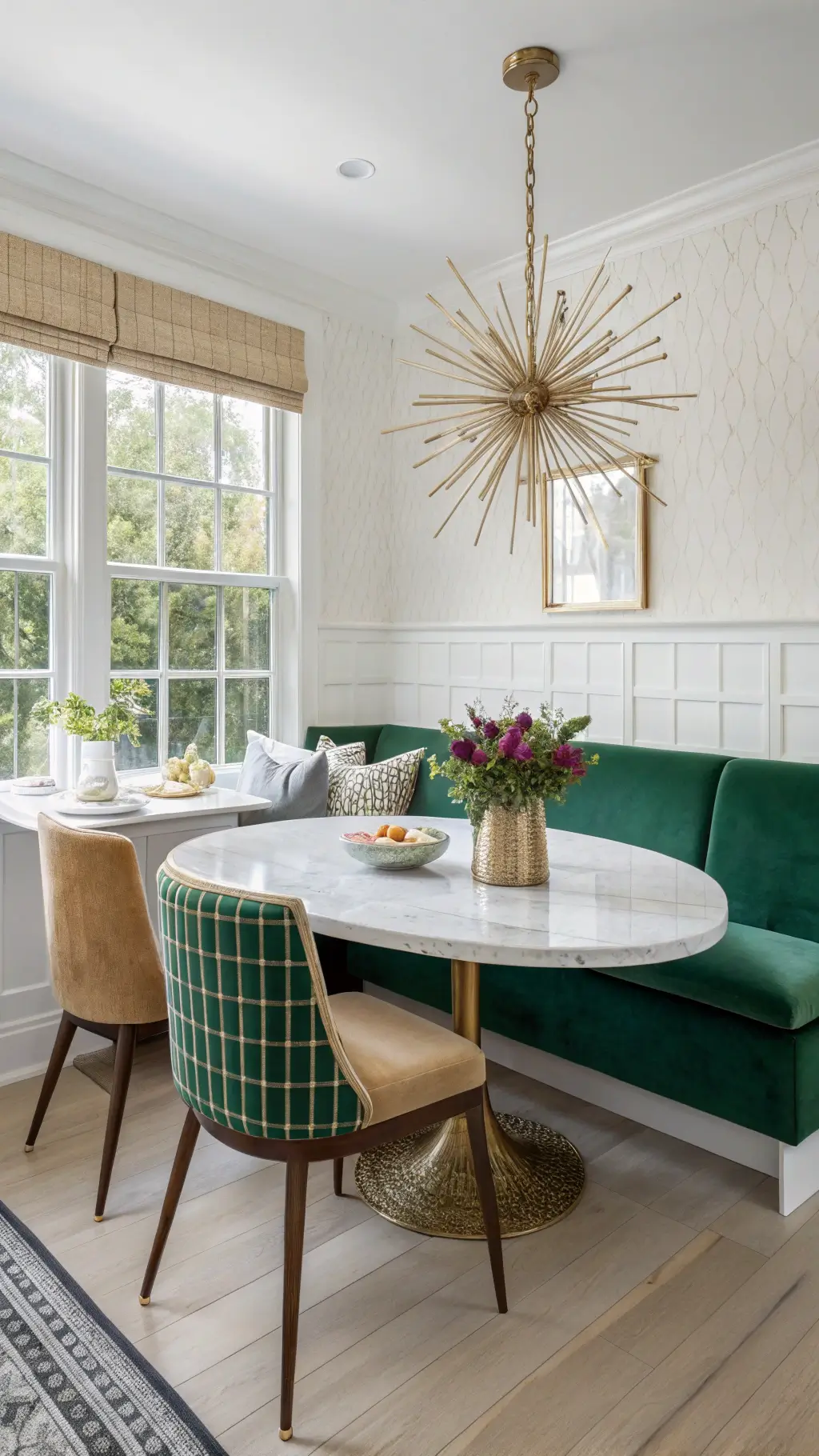 symmetrical breakfast nook with emerald velvet bench, oval marble table, rattan chairs, varied vessels, and brass sputnik chandelier in late morning natural light.
