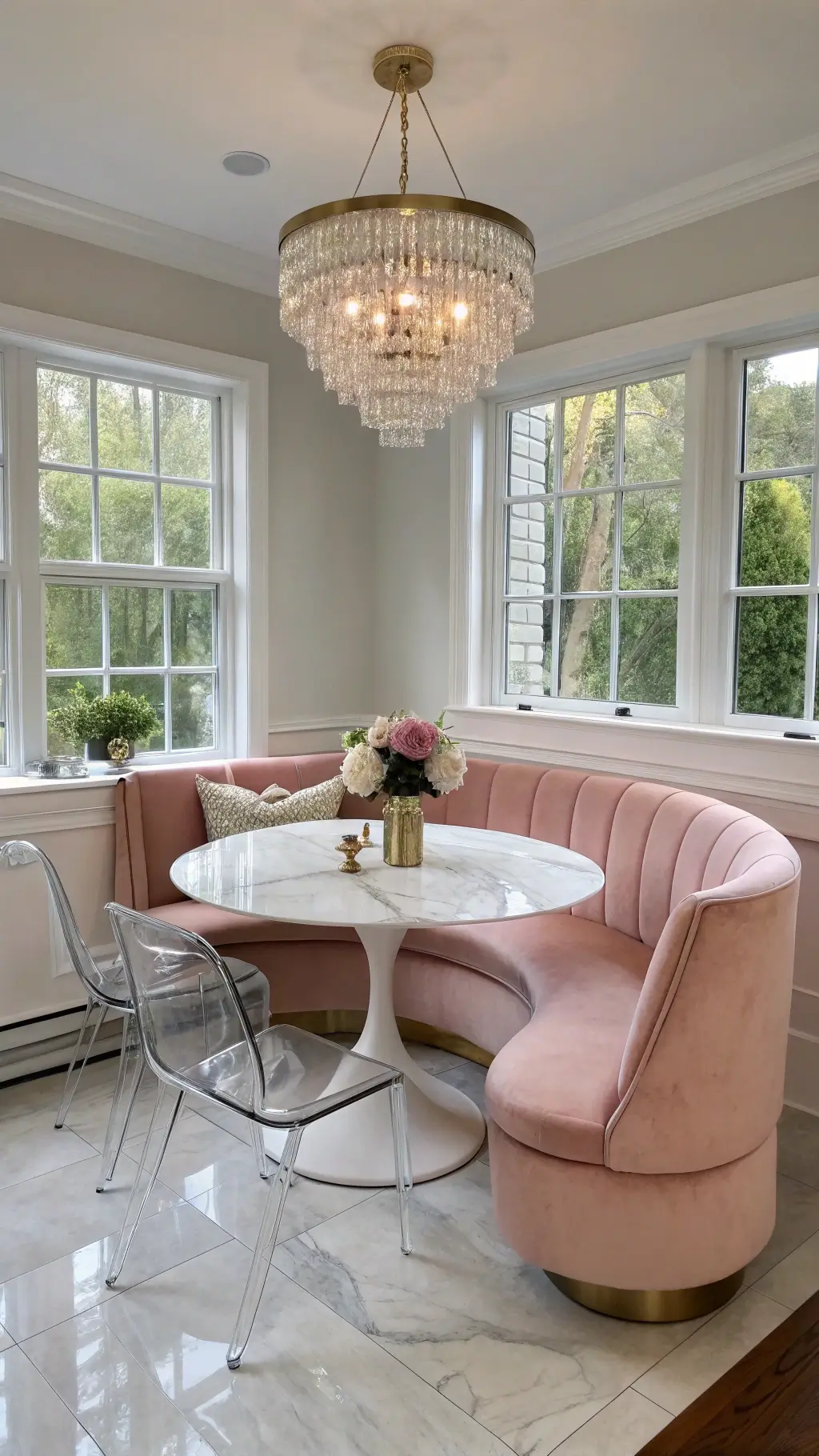 luxury breakfast nook in a 12x12ft kitchen with blush pink velvet curved banquette, marble oval table, ghost chairs and an oversized mirror under crystal chandelier