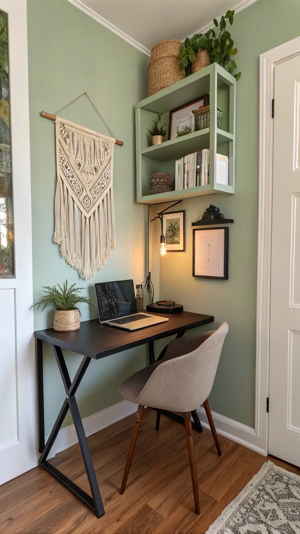 Compact workspace with sage green accent wall, black foldable desk, rattan chair, and macramé wall hanging in golden hour lighting
