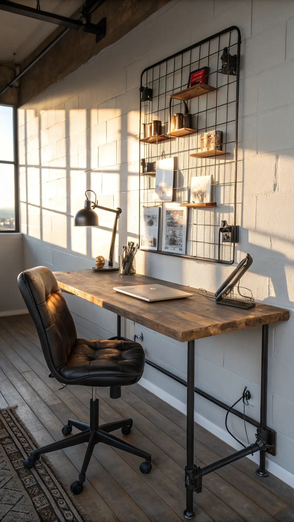 Industrial-modern workspace with reclaimed wood desk, black leather chair, vintage task lamp, and wire grid mood board illuminated by morning light