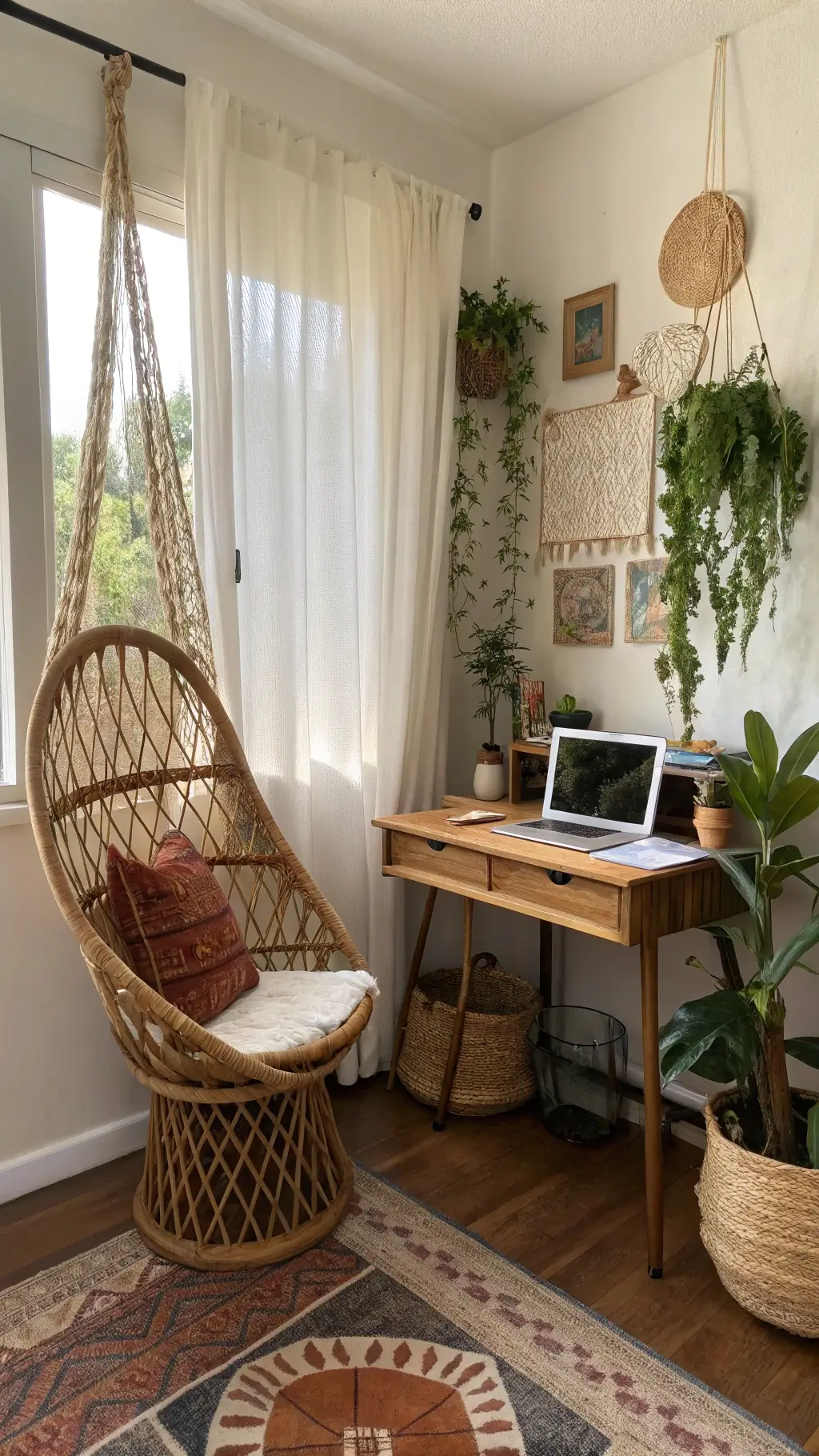 Bohemian style home office corner with rattan peacock chair, round bamboo desk, vintage rugs, macramé plant hangers, and woven basket storage