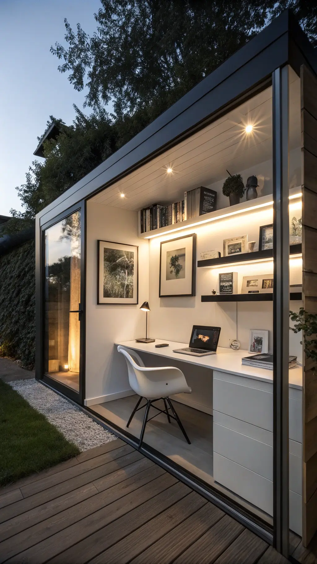 Contemporary micro-office at dusk with glossy white floating desk and clear lucite chair, black photography on the wall, warm LED lighting from under shelves