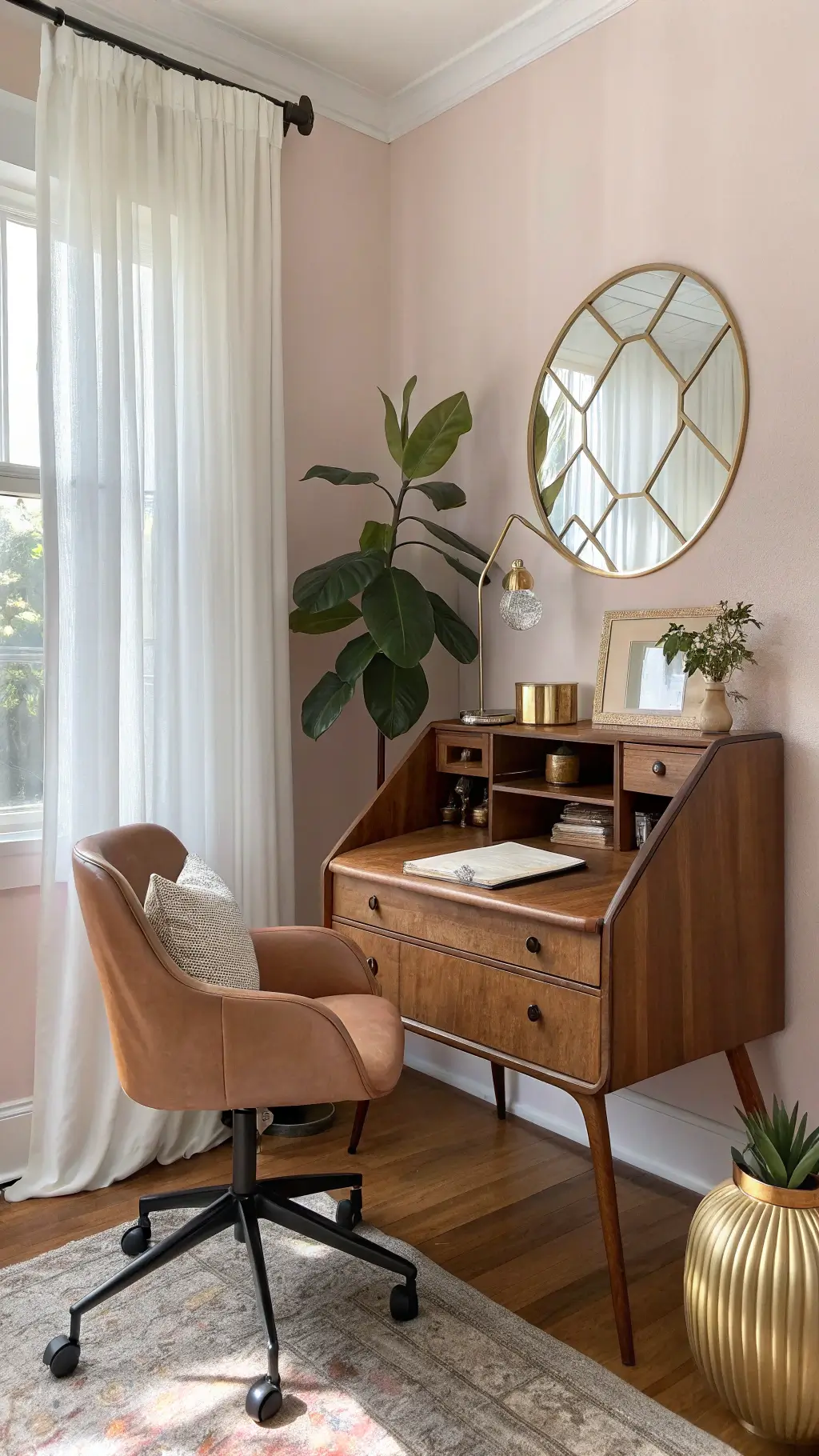 Mid-century office space with walnut secretary desk against blush pink wall, brass-framed mirror, camel leather chair, and fiddle leaf fig plant