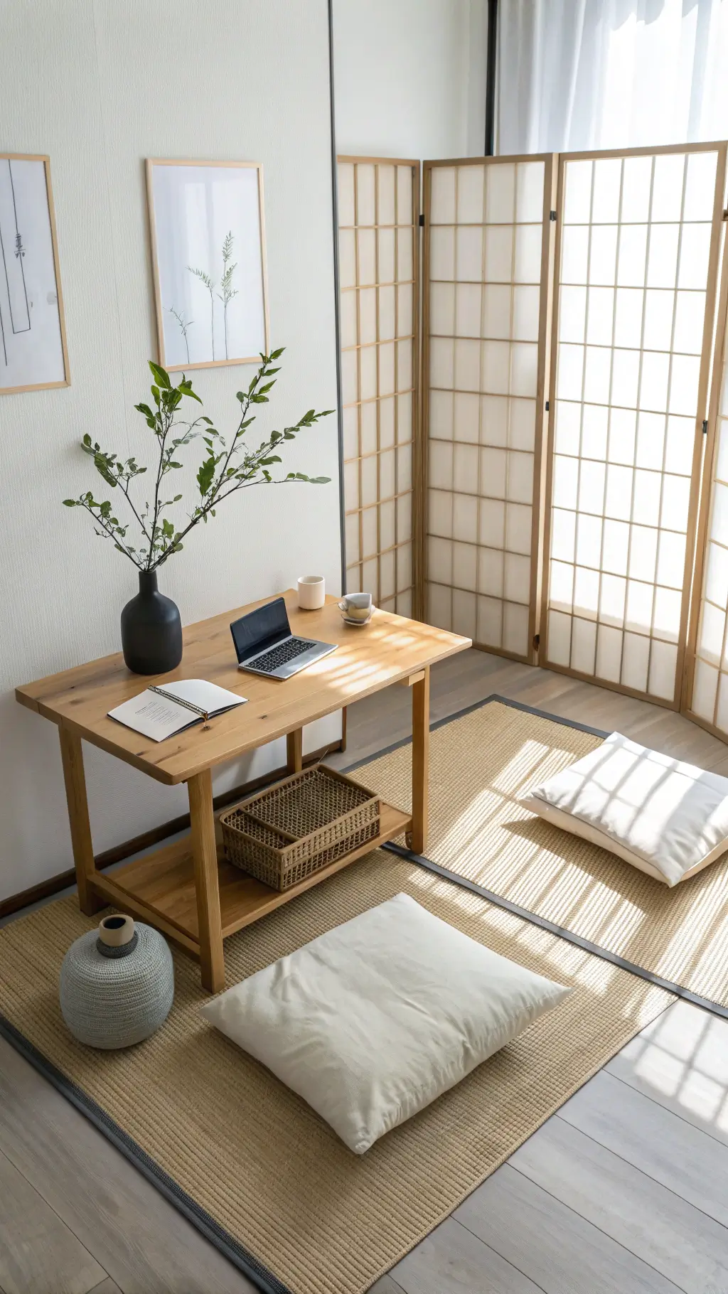 Bright zen office space with low bamboo desk, floor cushions, rice paper divider screens, ceramic vase with single branch on tatami-style mat