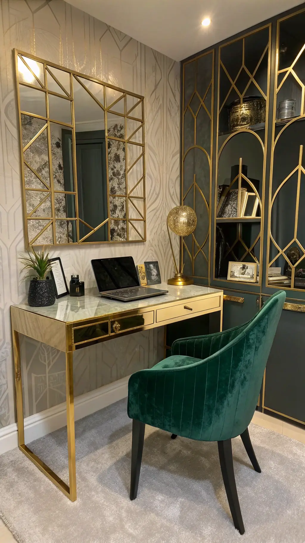 Glamorous art deco home office with gold leaf desk, deep green velvet chair, black marble desk accessories, and geometric mirror panels
